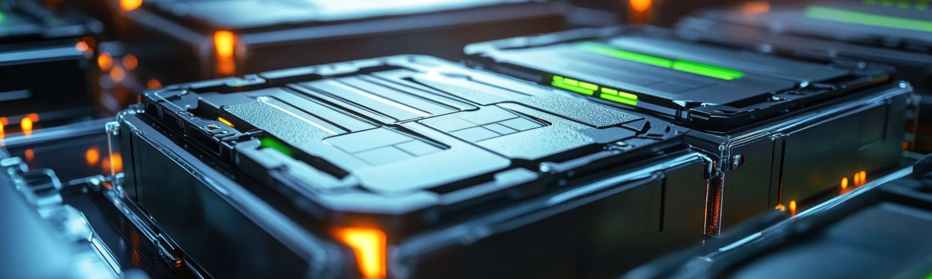 Nahaufnahme moderner Batteriemodule für Elektroautos in einer Produktionsumgebung.