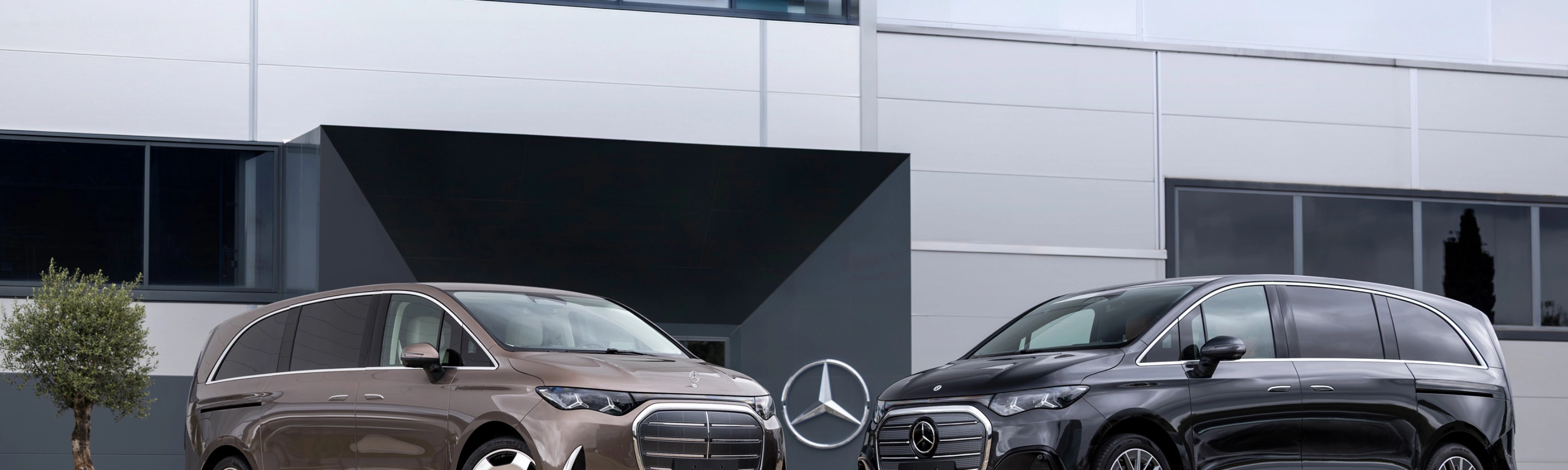 Two Mercedes-Benz vans parked in front of a modern office building.