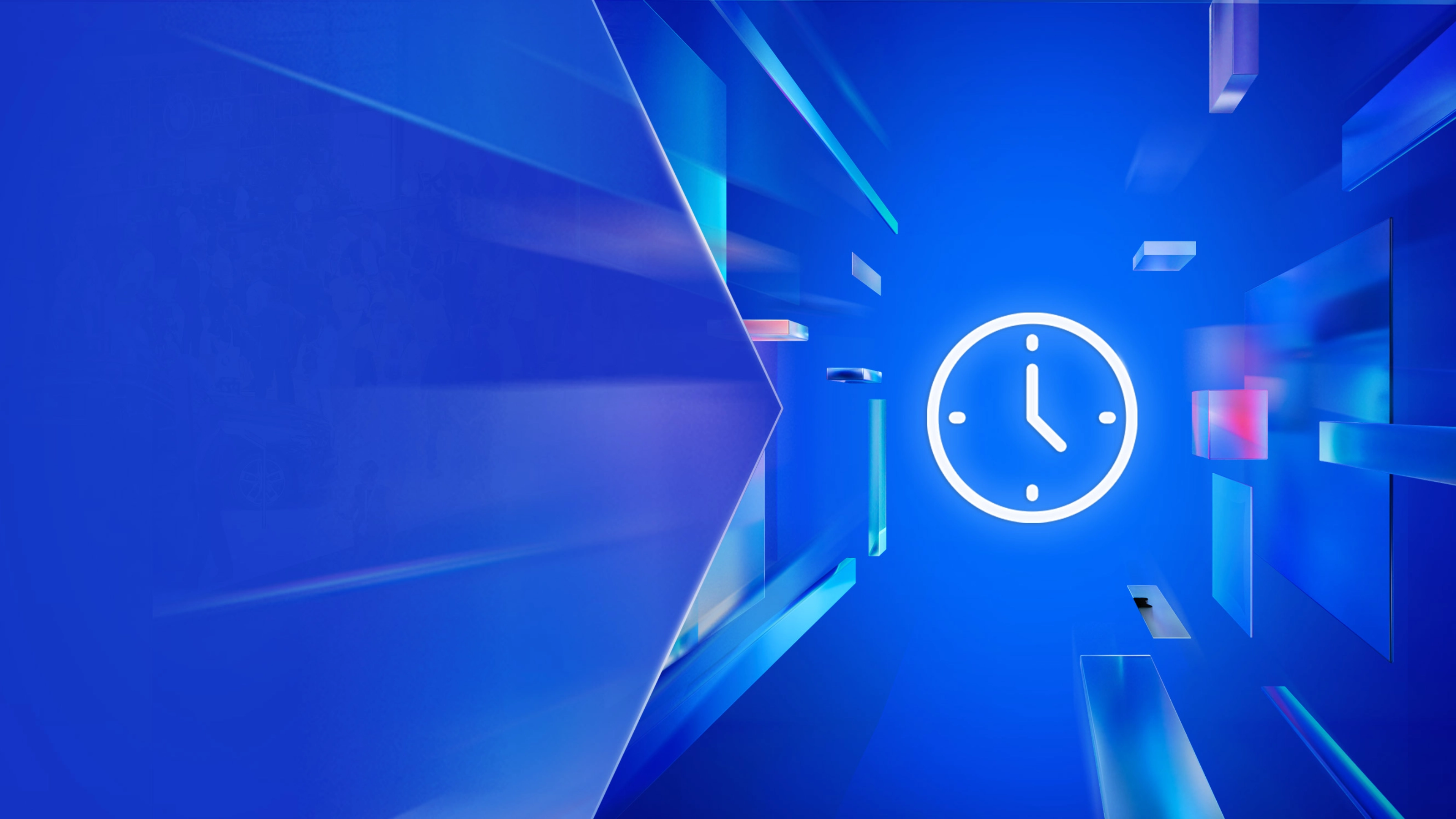 Glowing clock icon on a blue digital background with abstract 3D elements.