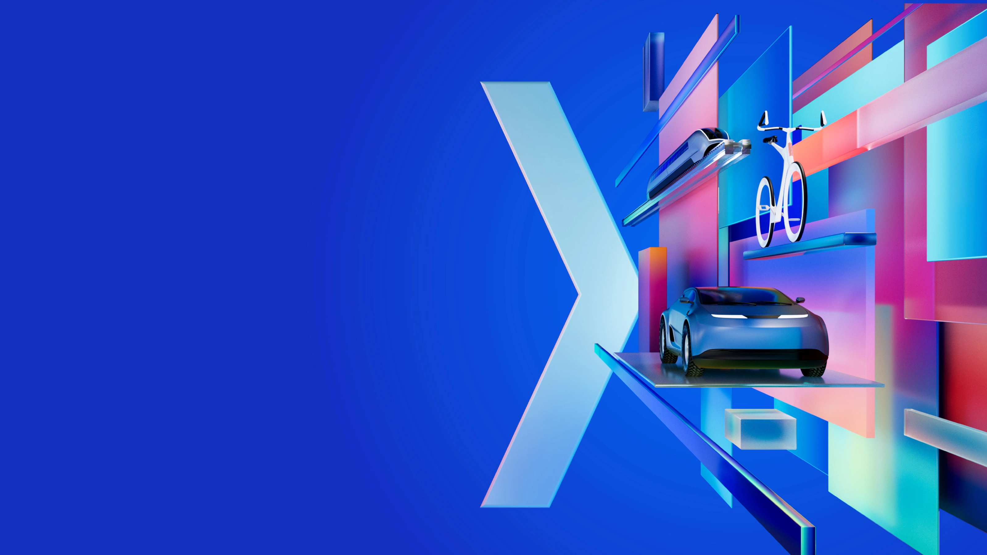 Futuristische digitale Grafik mit Auto, Drohne und Radfahrer zwischen bunten geometrischen Formen auf blauem Hintergrund, symbolisiert das Thema der IAA MOBILITY 2025.