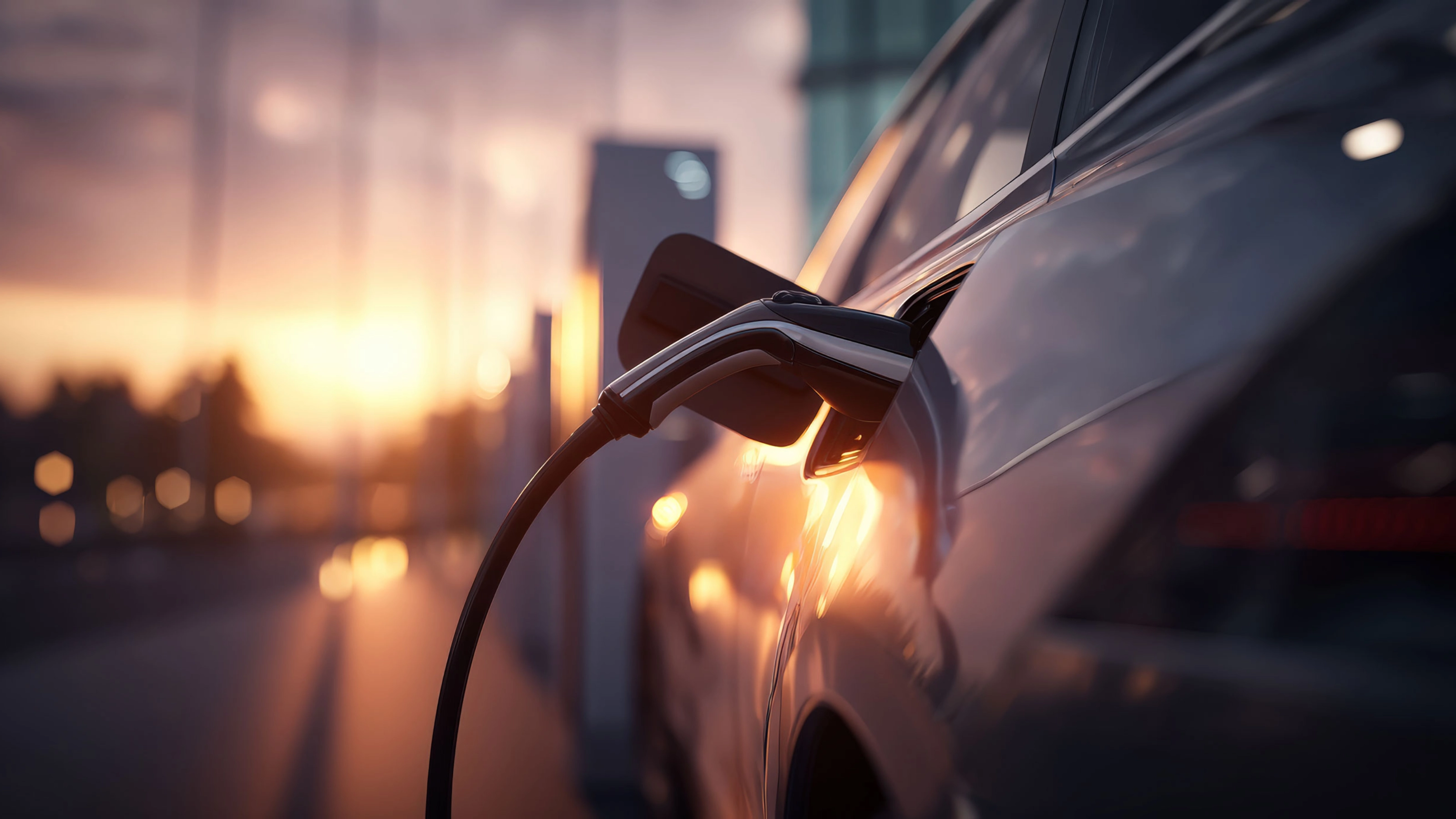 Electric car charging at station during sunset.