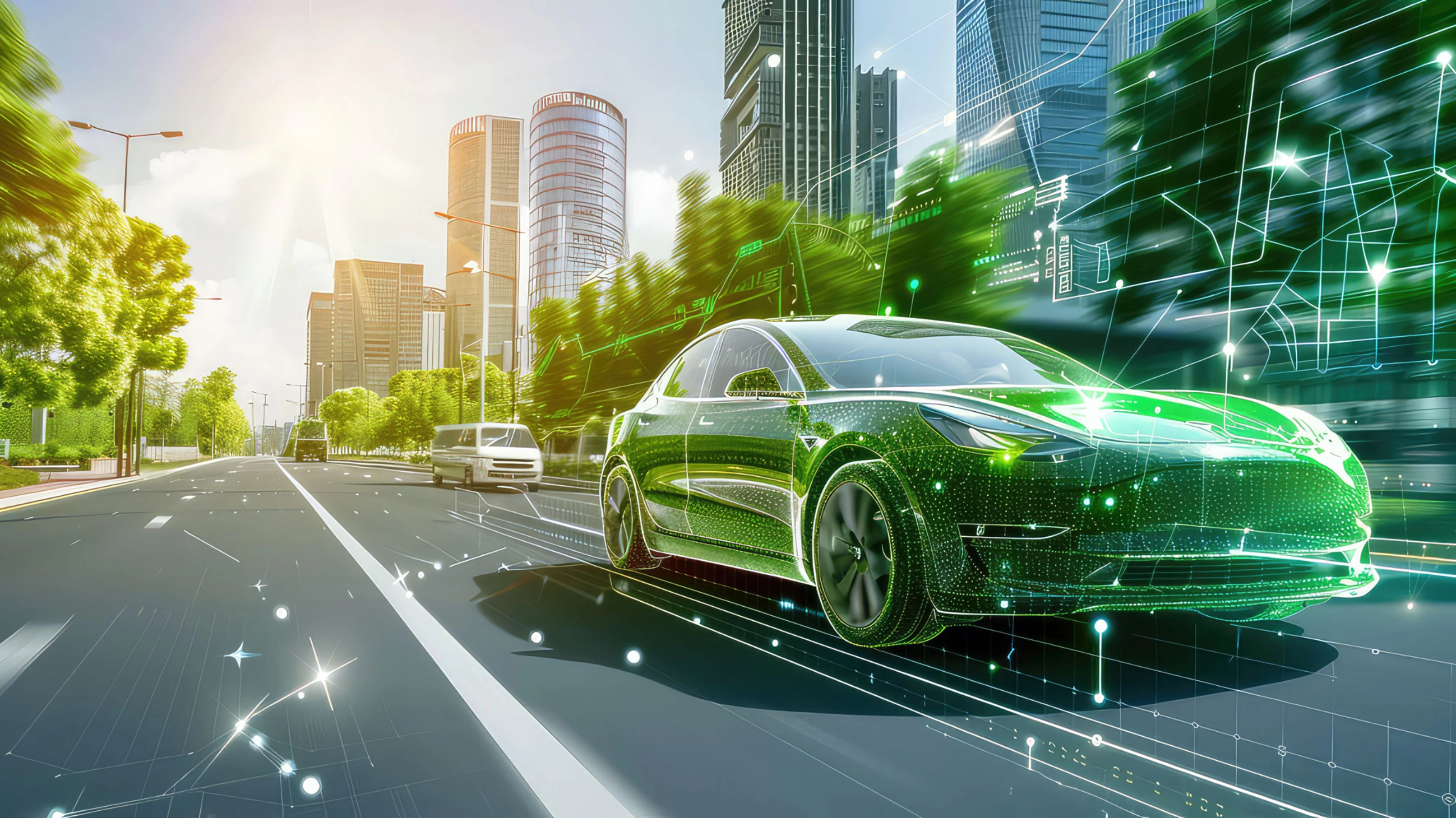 Ein futuristisches selbstfahrendes Auto mit digitalen Elementen fährt durch eine moderne Stadtstraße.