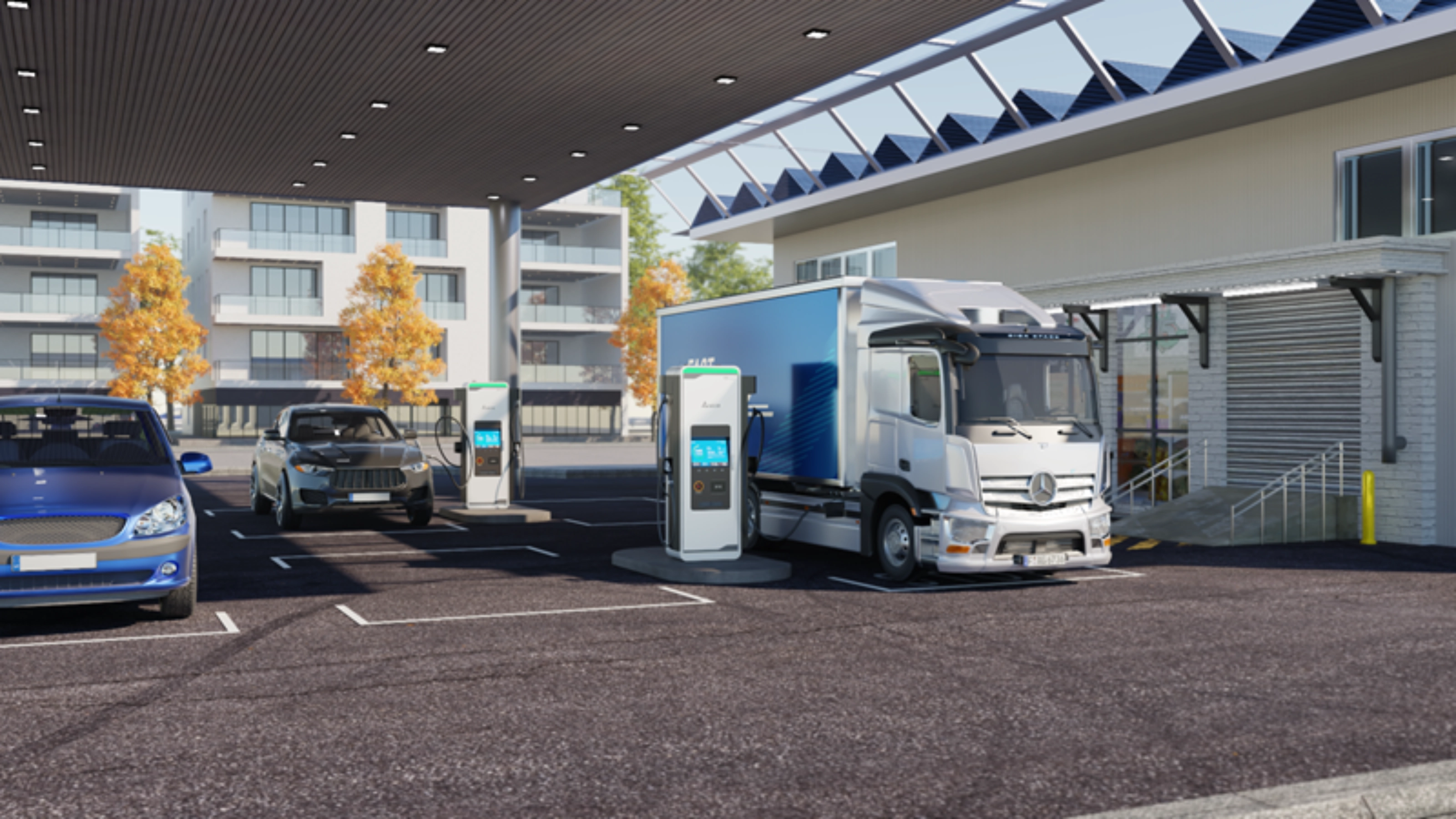 Electric cars and a truck charge at a covered EV charging station near a modern building.