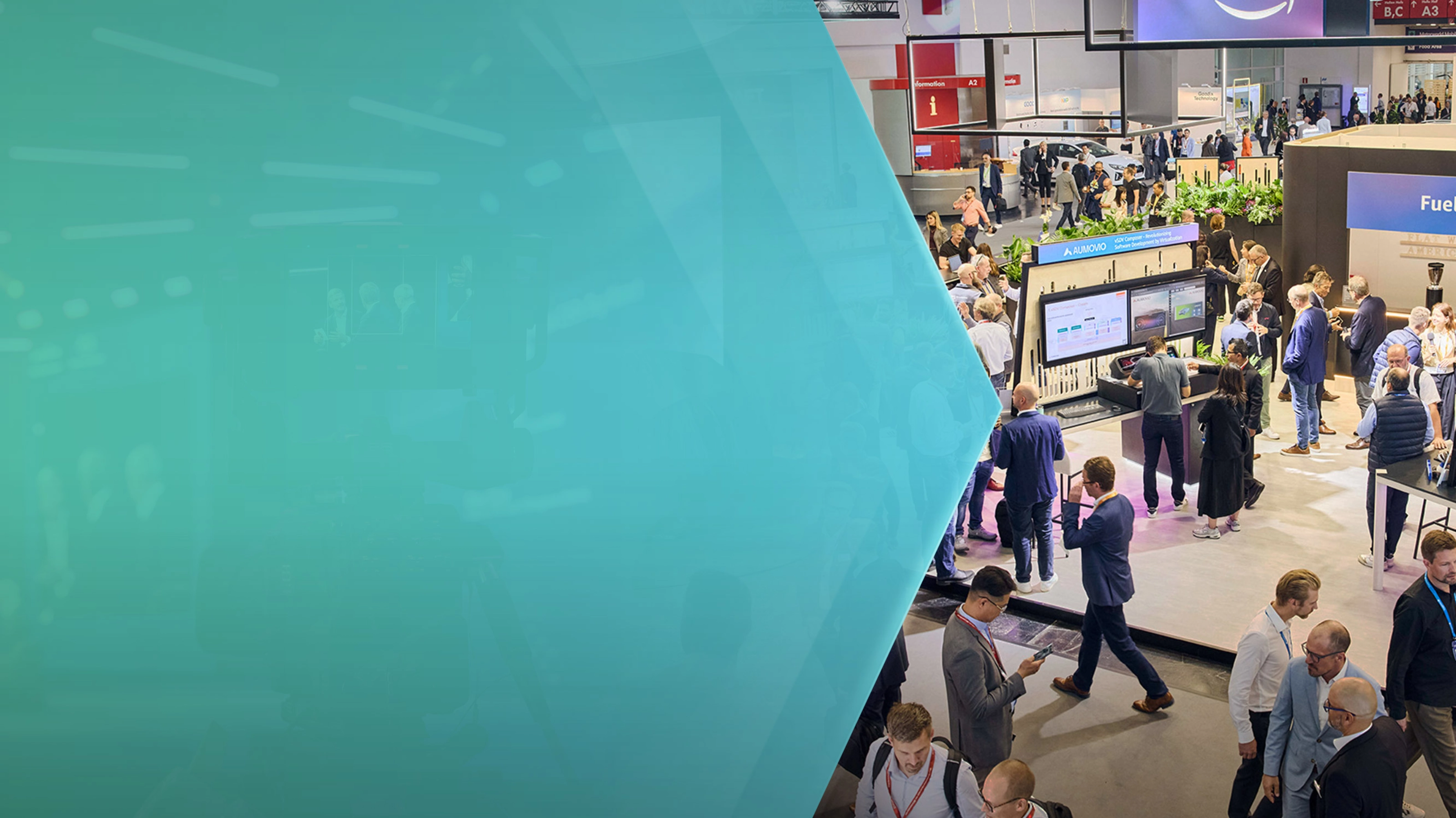 Visitors networking and viewing displays at a busy trade show exhibition hall.