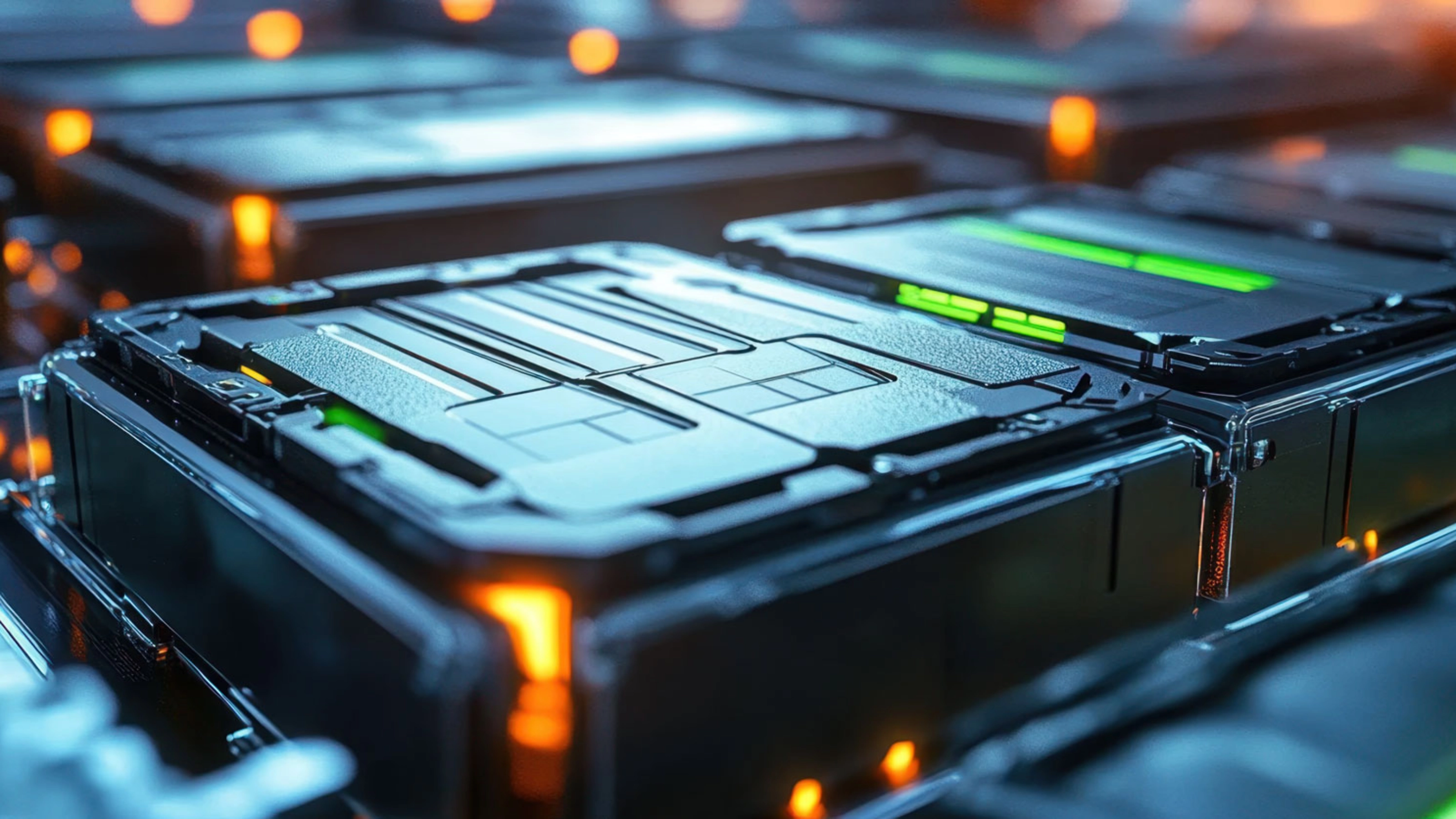 Nahaufnahme moderner Batteriemodule für Elektroautos in einer Produktionsumgebung.