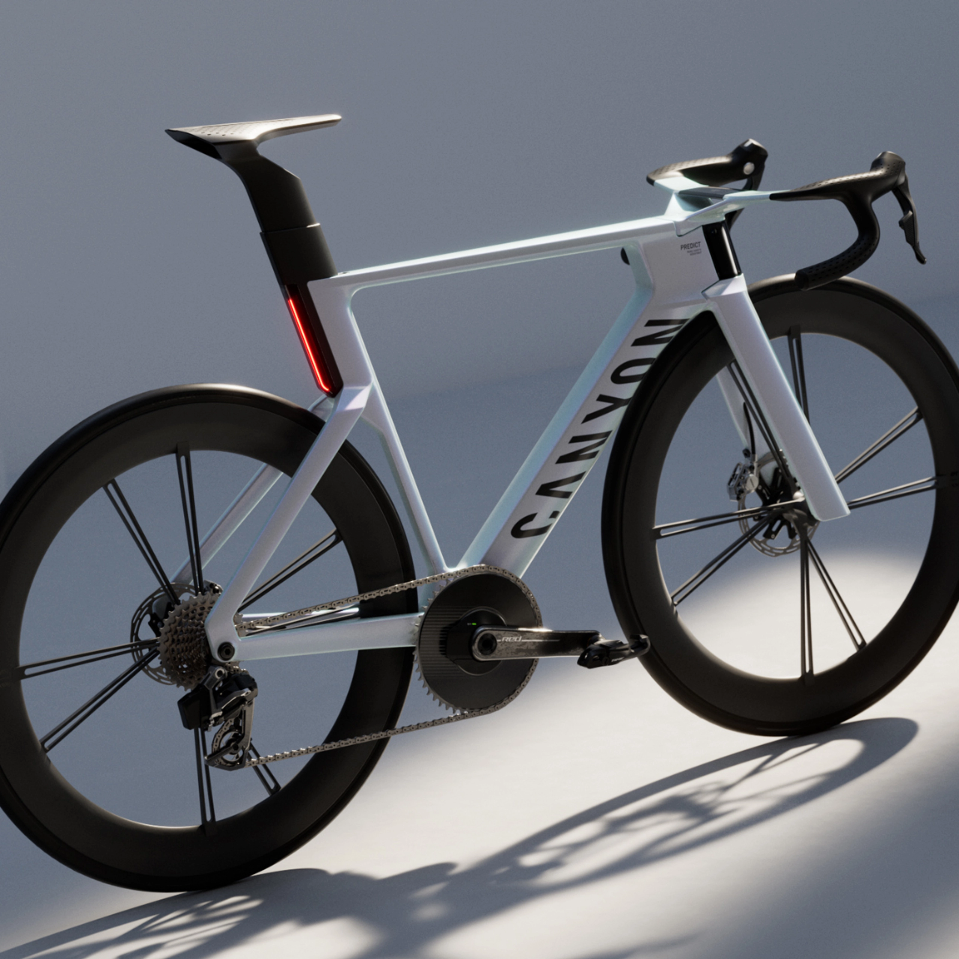 Schräge Heckansicht eines Canyon Rennrads mit aerodynamischem Rahmen.