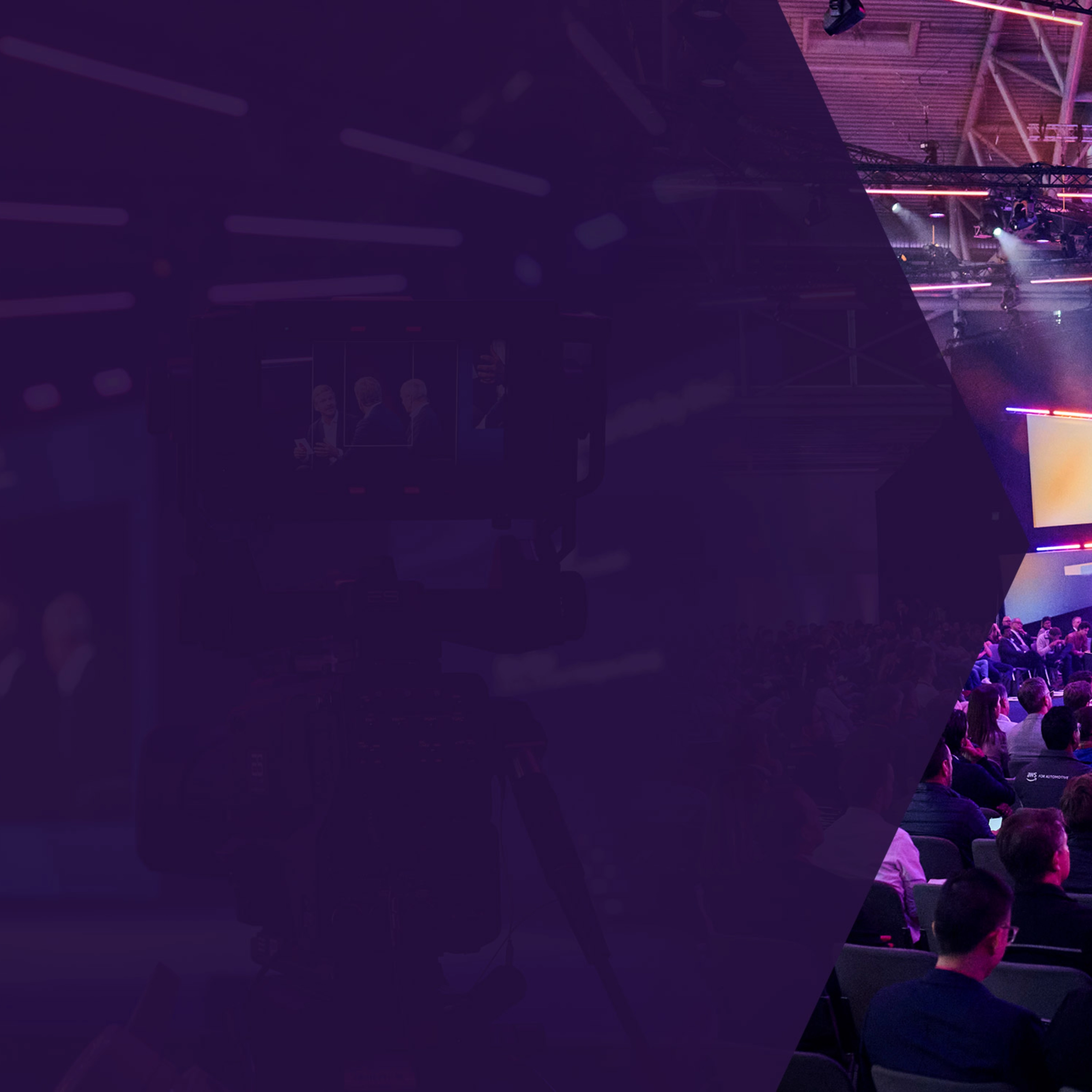 Speaker on stage at a tech conference with a large seated audience and colorful lighting.