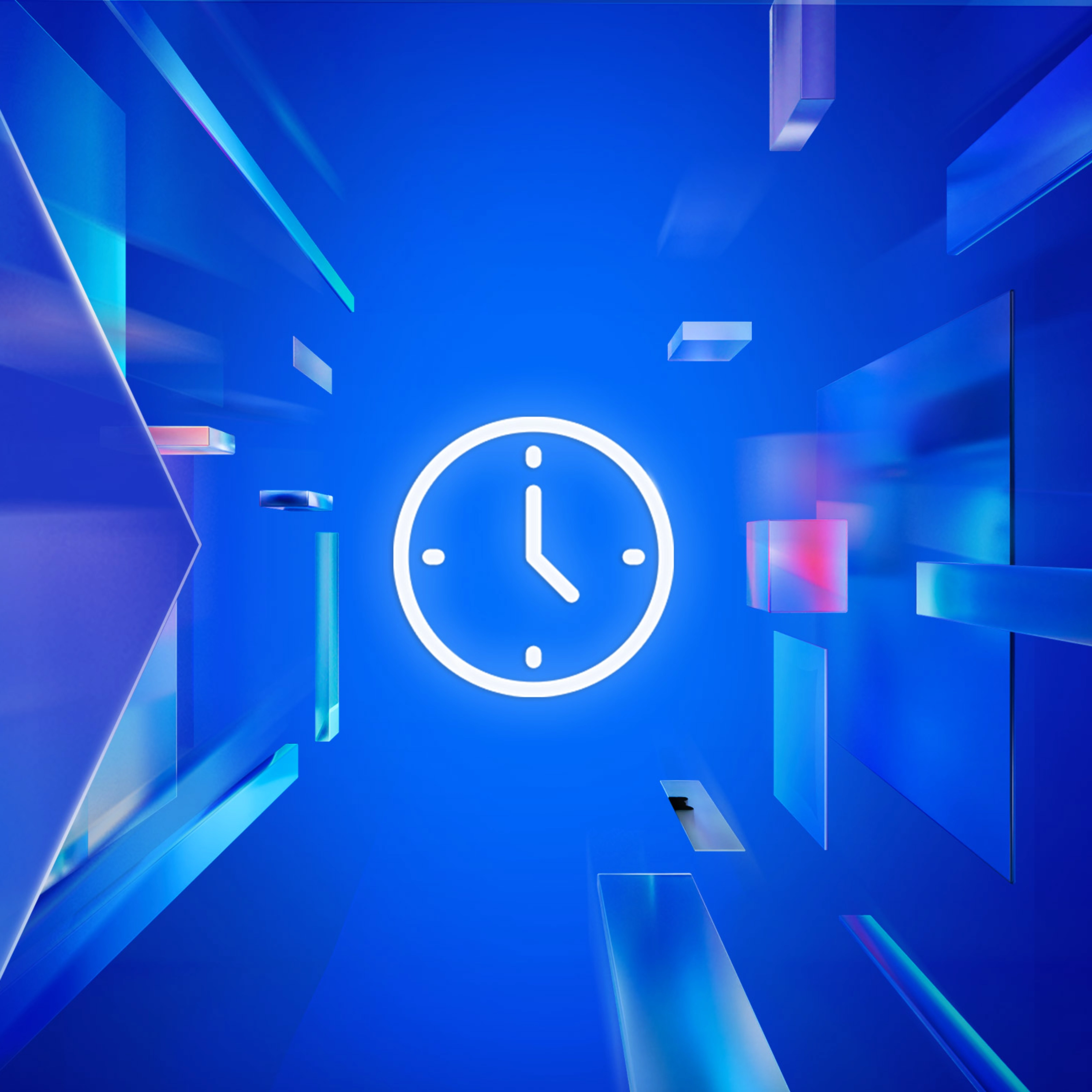 Glowing clock icon on a blue digital background with abstract 3D elements.