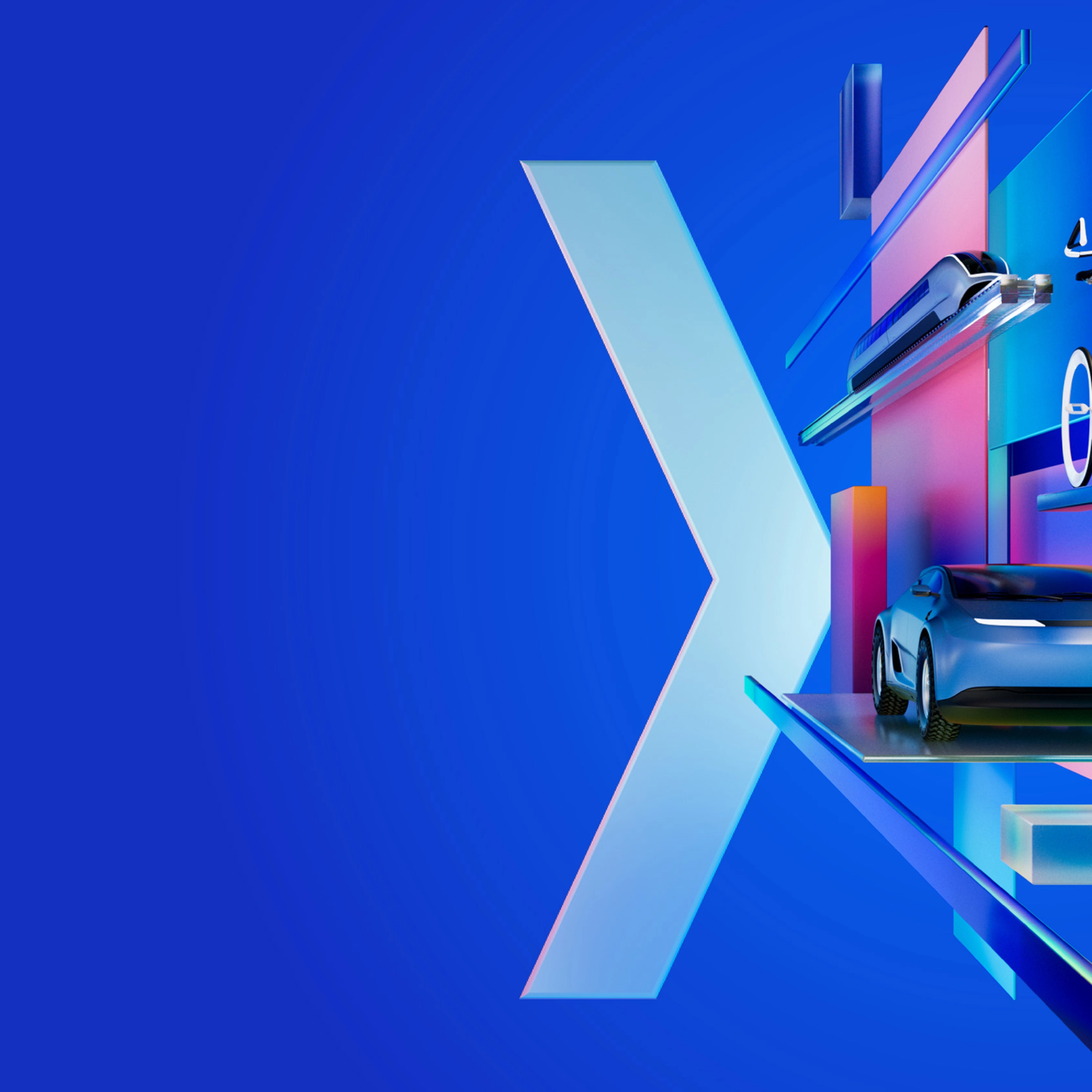 Futuristische digitale Grafik mit Auto, Drohne und Radfahrer zwischen bunten geometrischen Formen auf blauem Hintergrund, symbolisiert das Thema der IAA MOBILITY 2025.