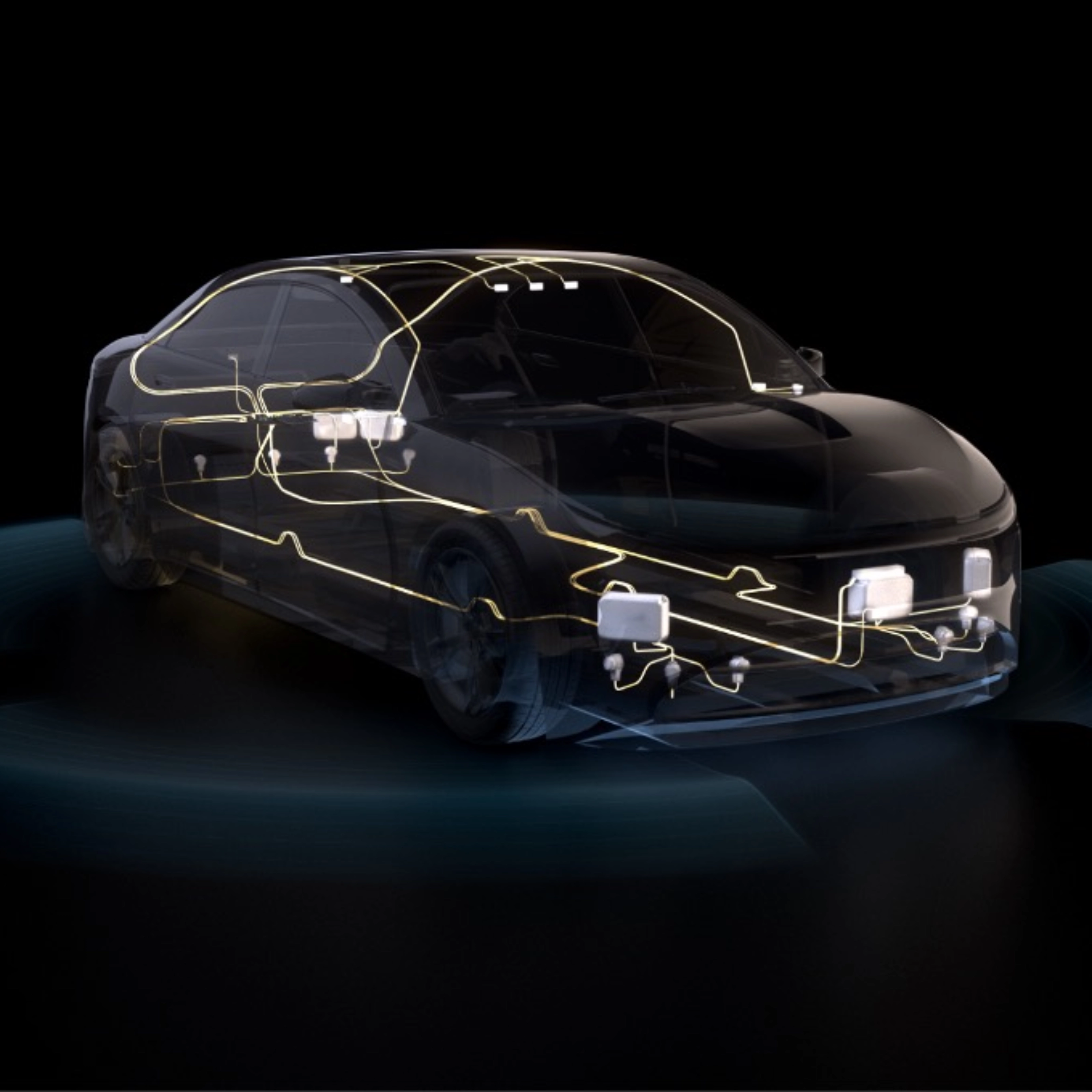 Transparentes Auto mit sichtbarer Elektronik und leuchtenden Sensorwellen.