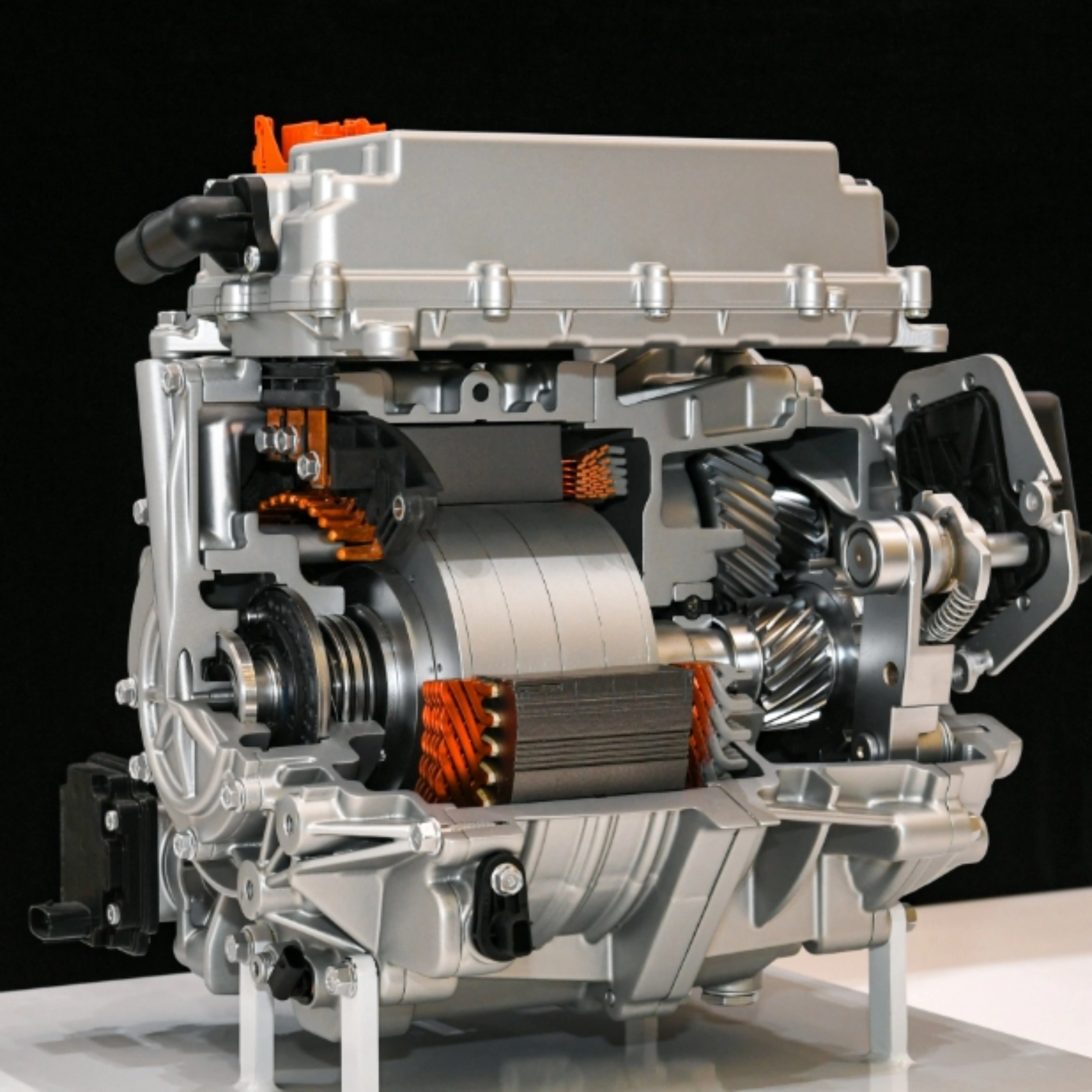 Schnittmodell eines Elektromotors mit sichtbaren Spulen und Zahnrädern.