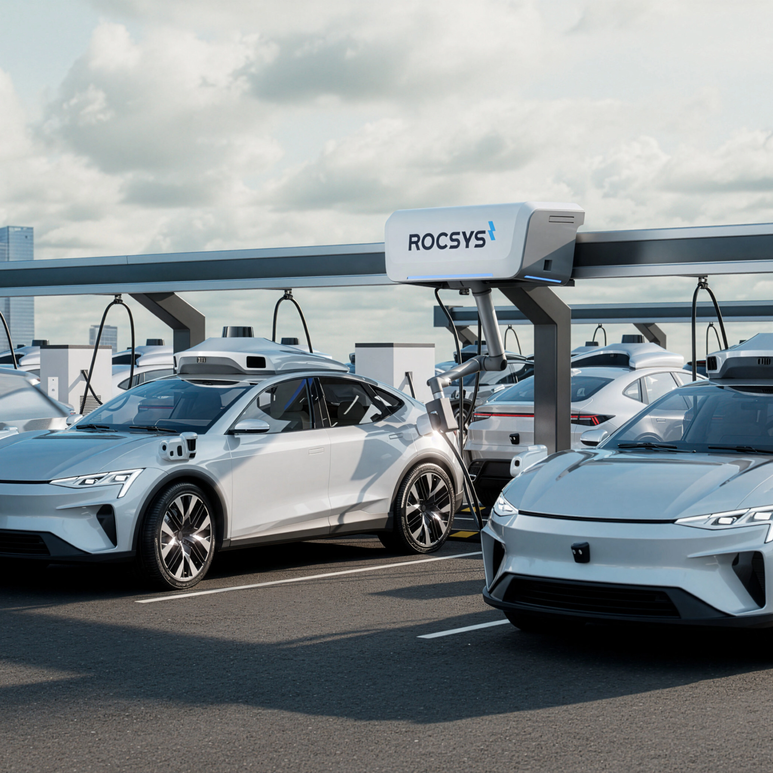 Electric cars charging automatically at a Rocsys robotic station.
