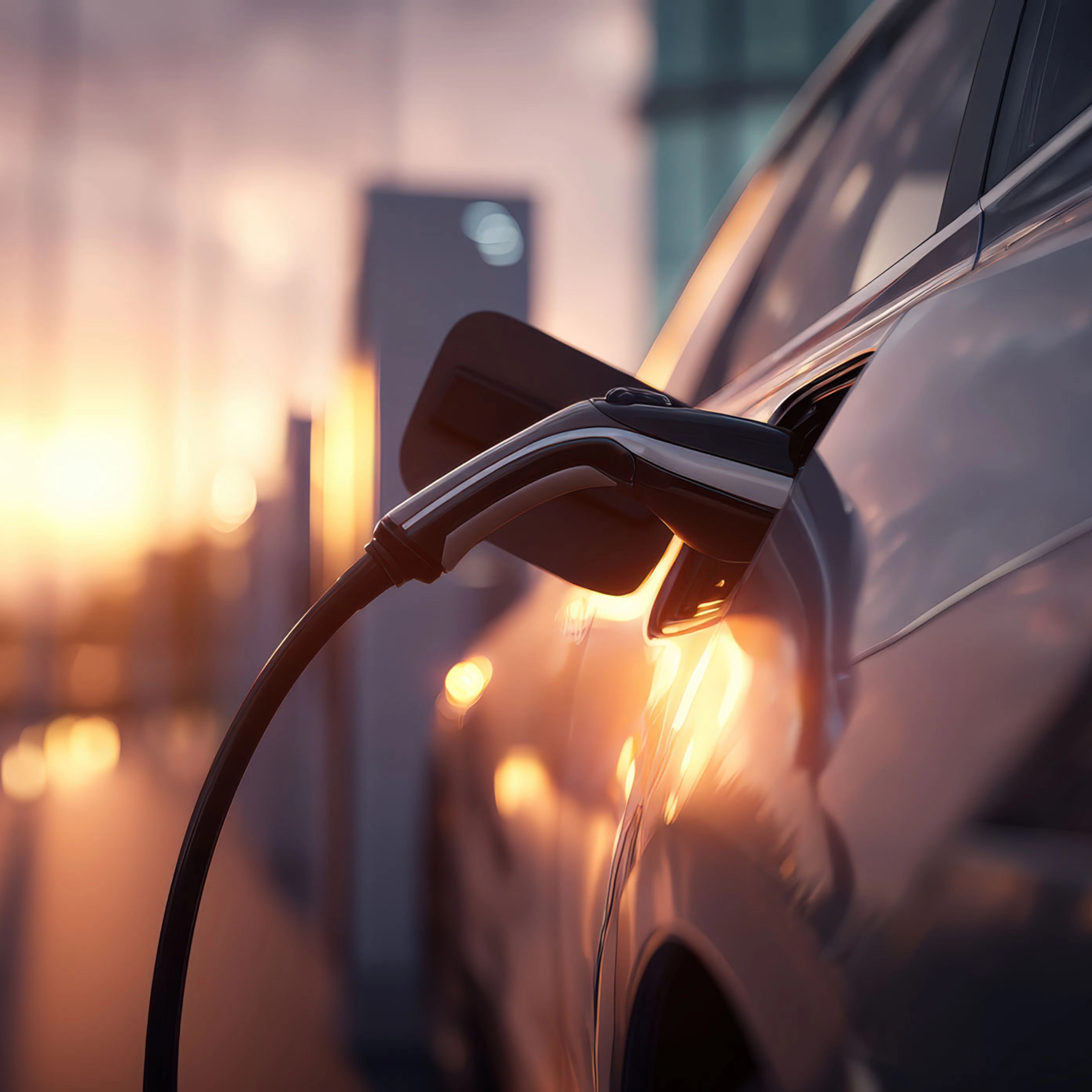 Electric car charging at station during sunset.
