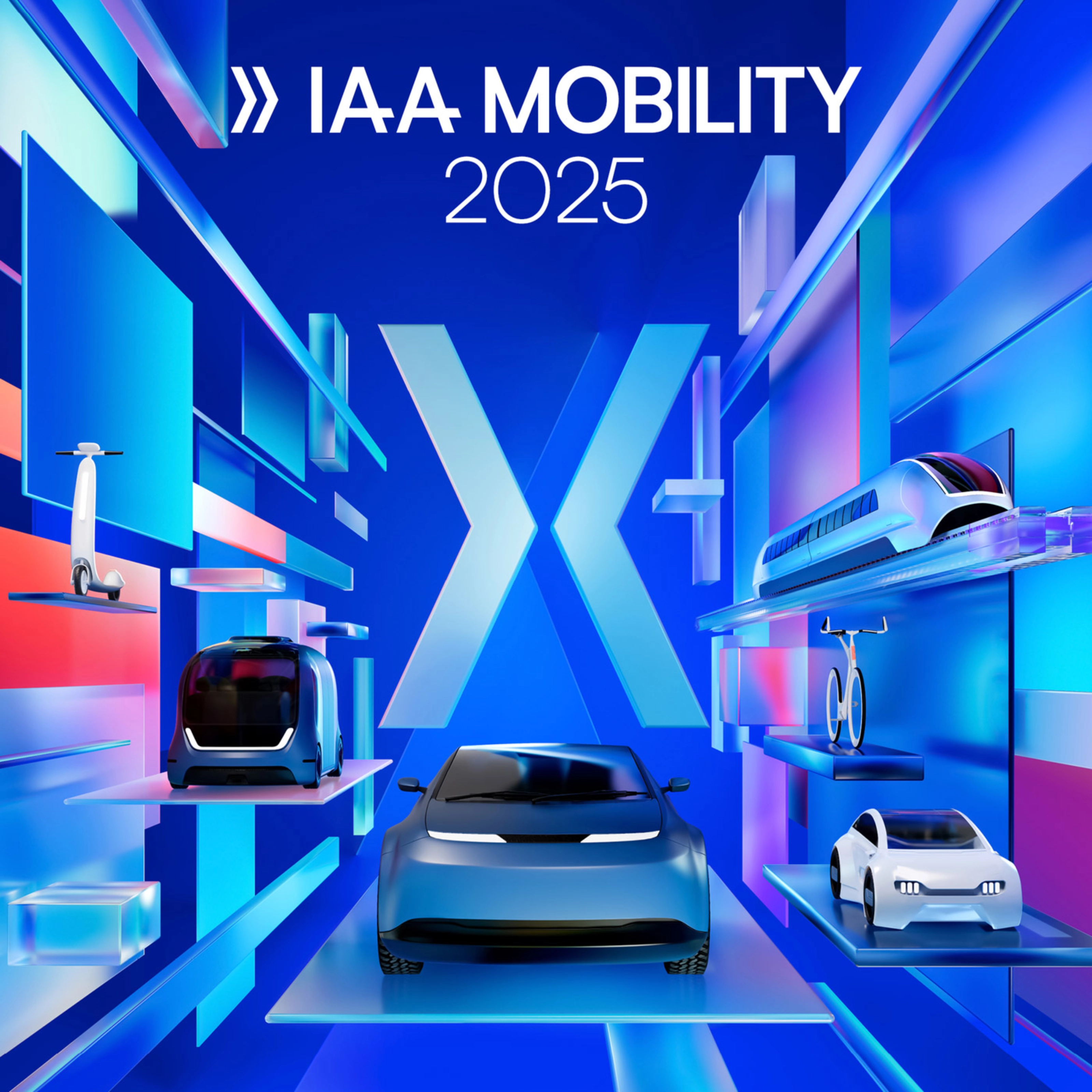 Futuristic key visual for IAA MOBILITY 2025 showing a digital 3D environment with car, bike, train, shuttle and scooter in bright neon colors.