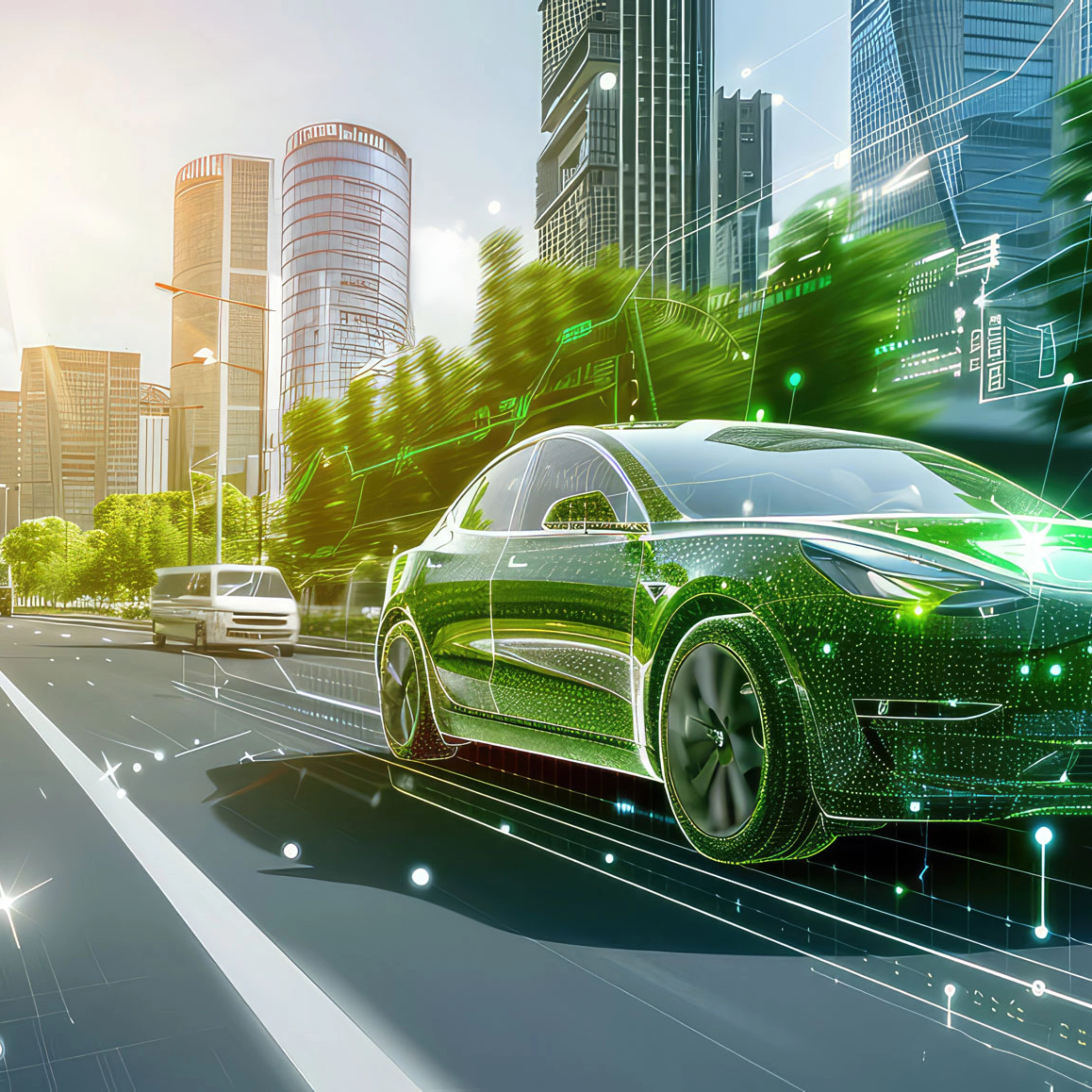 Ein futuristisches selbstfahrendes Auto mit digitalen Elementen fährt durch eine moderne Stadtstraße.