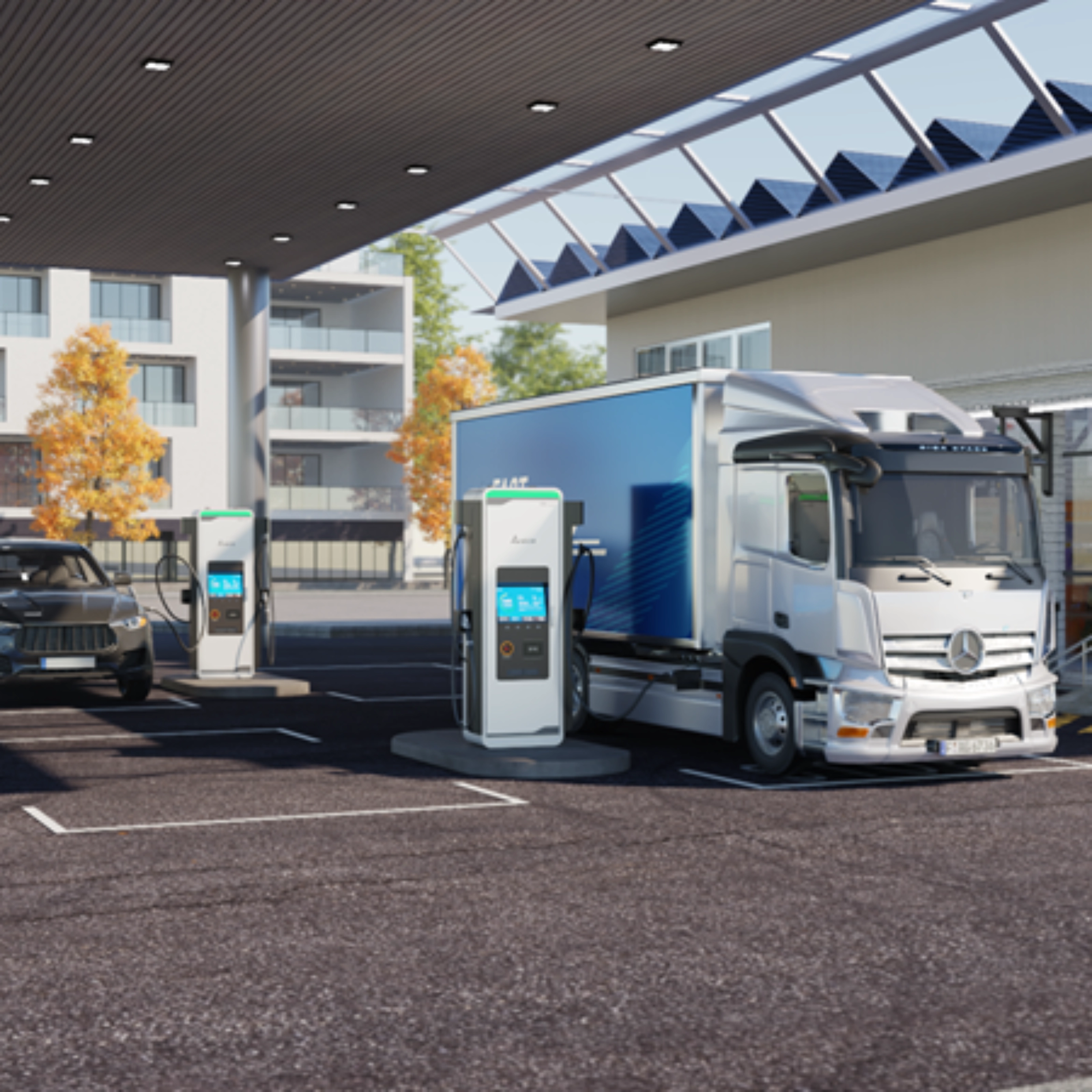 Electric cars and a truck charge at a covered EV charging station near a modern building.