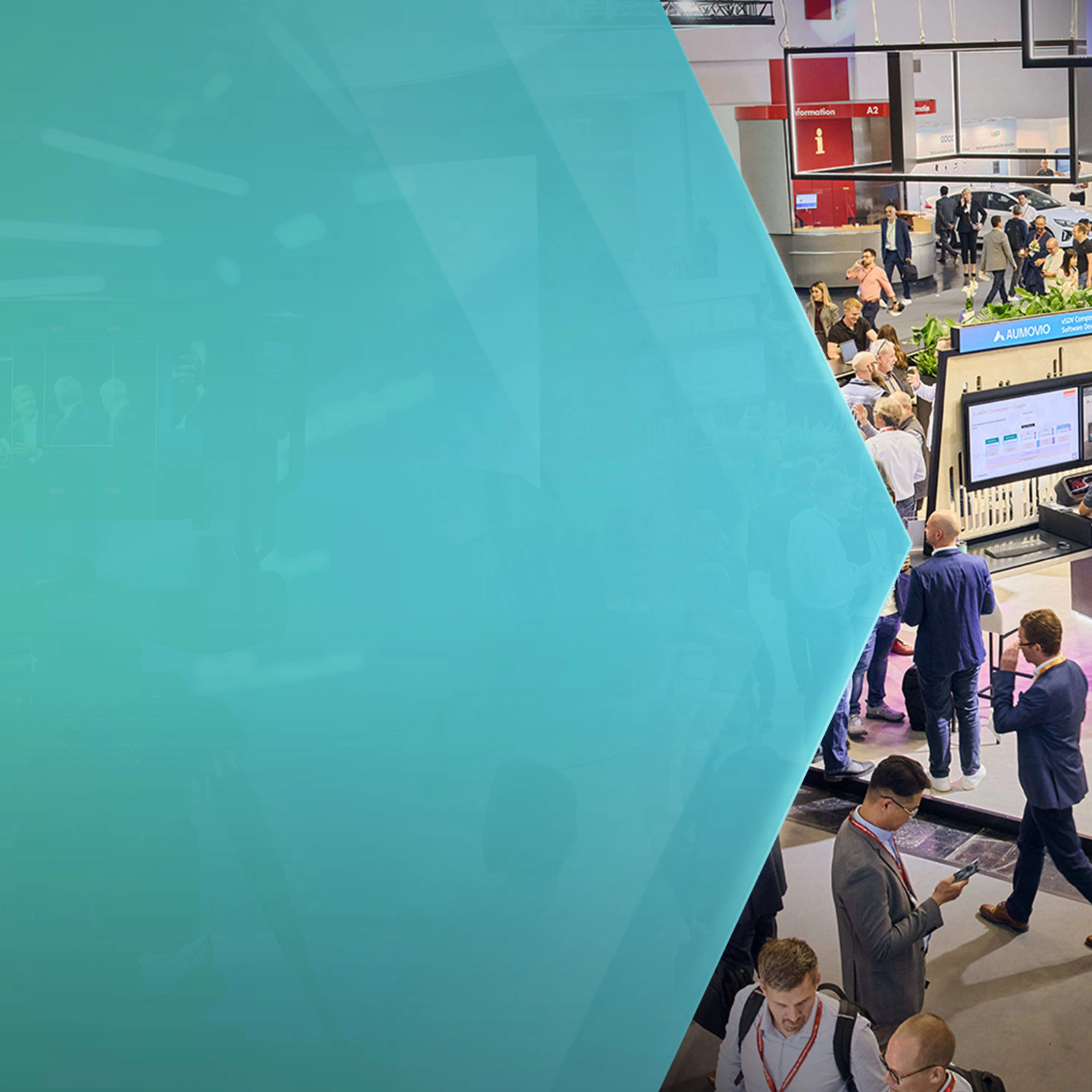Visitors networking and viewing displays at a busy trade show exhibition hall.