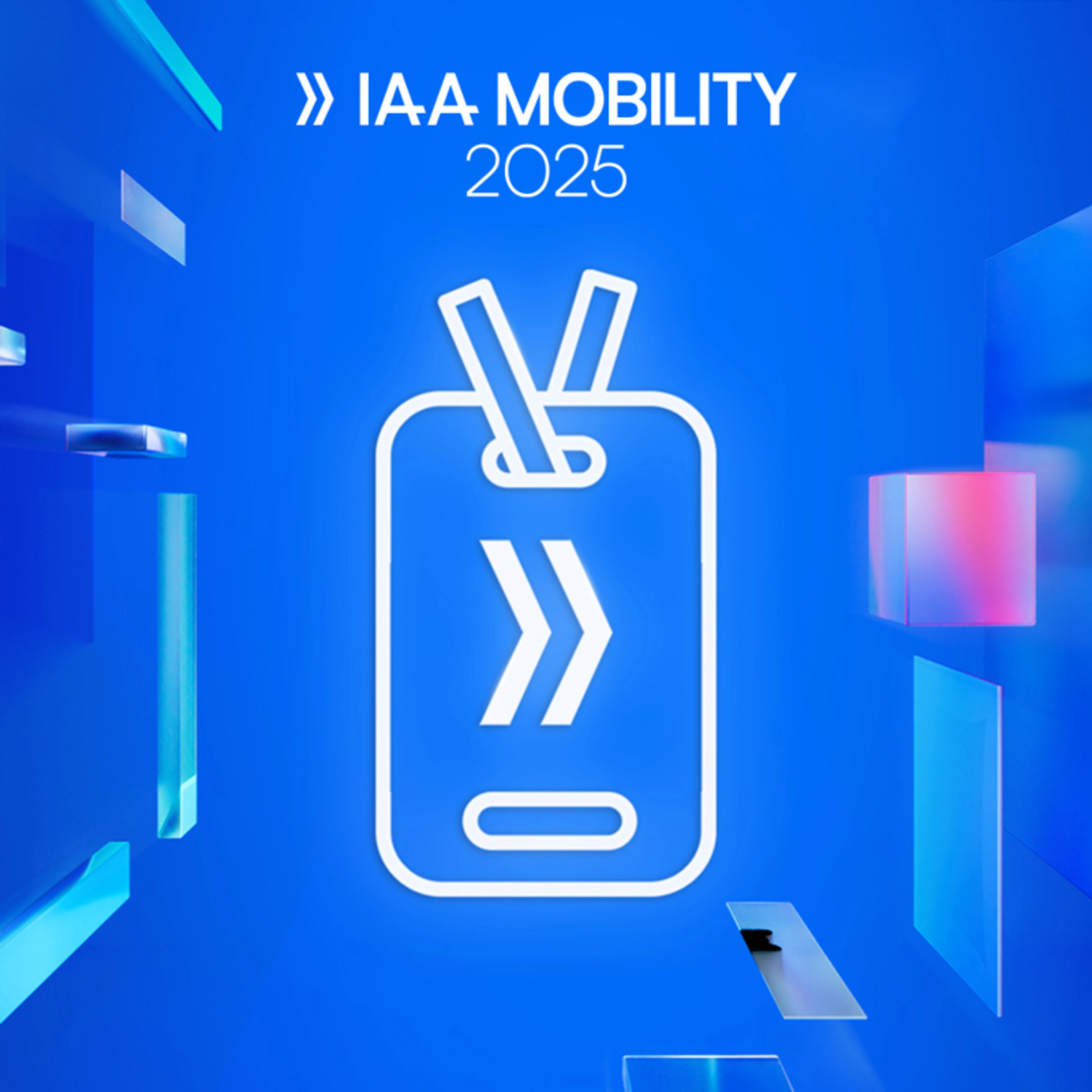 Promotional graphic for IAA Mobility 2025 featuring a stylized ticket icon on a glowing blue background with floating translucent shapes.
