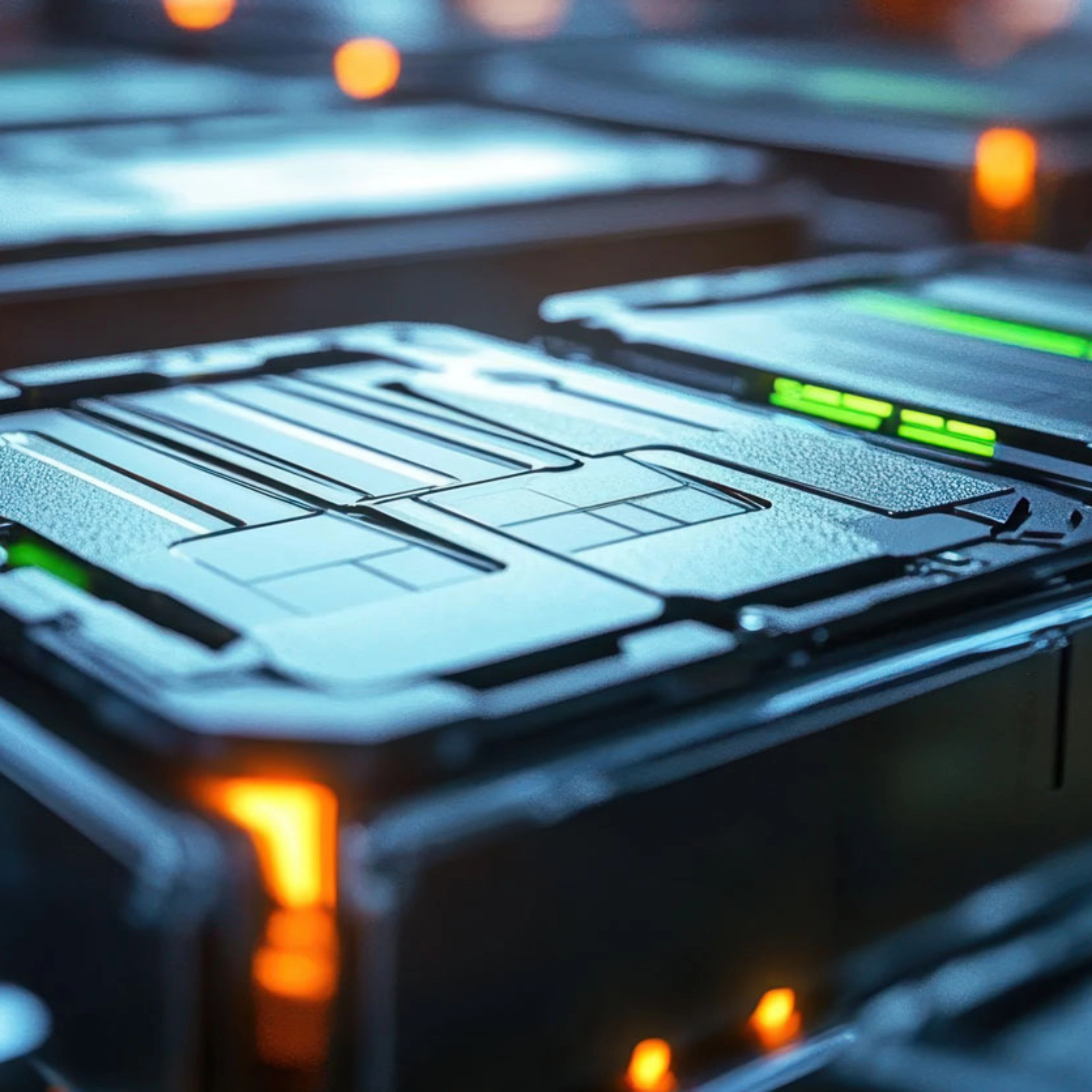 Nahaufnahme moderner Batteriemodule für Elektroautos in einer Produktionsumgebung.