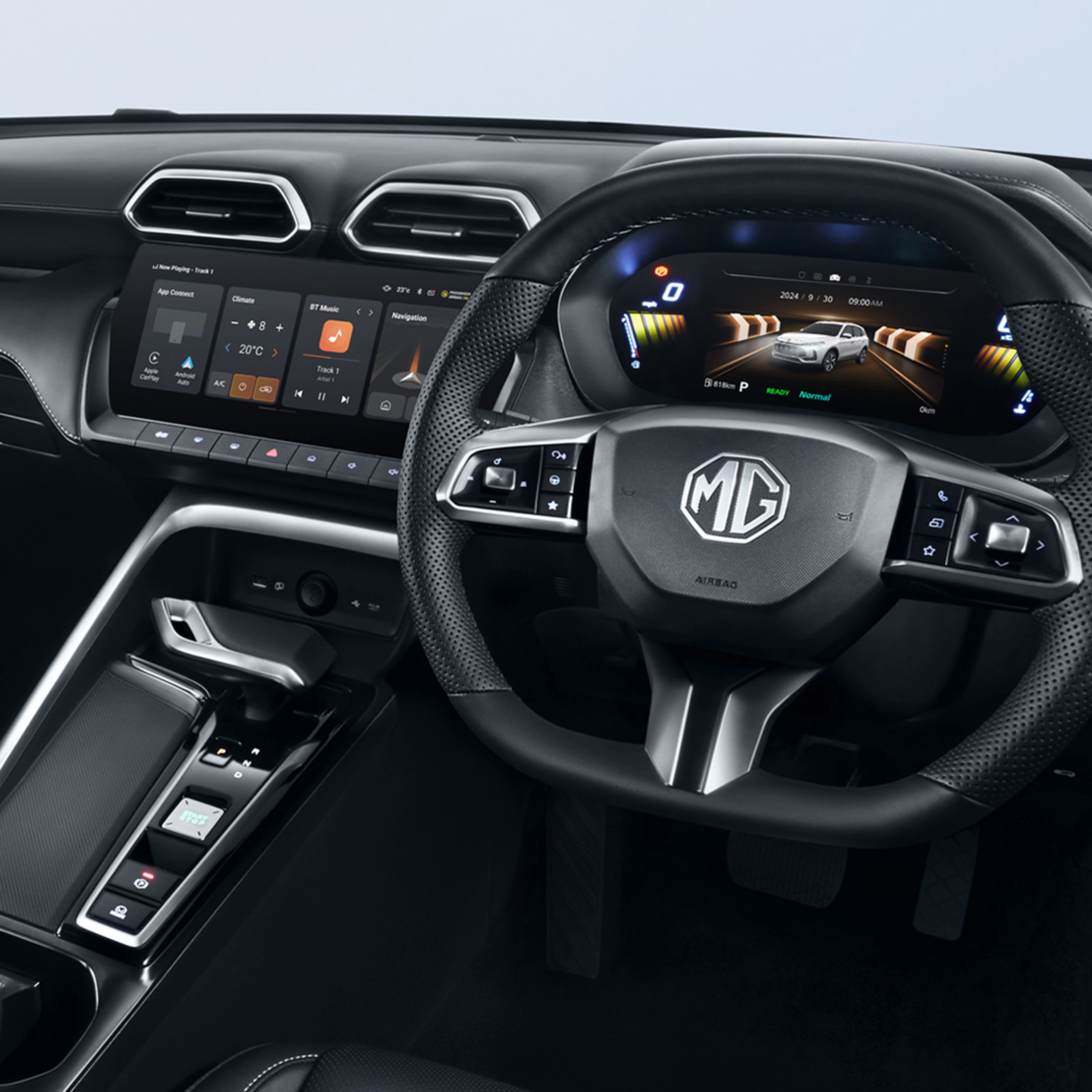 Innenraum eines MG Fahrzeugs mit digitalem Cockpit, Lenkrad und zentralem Touchscreen.