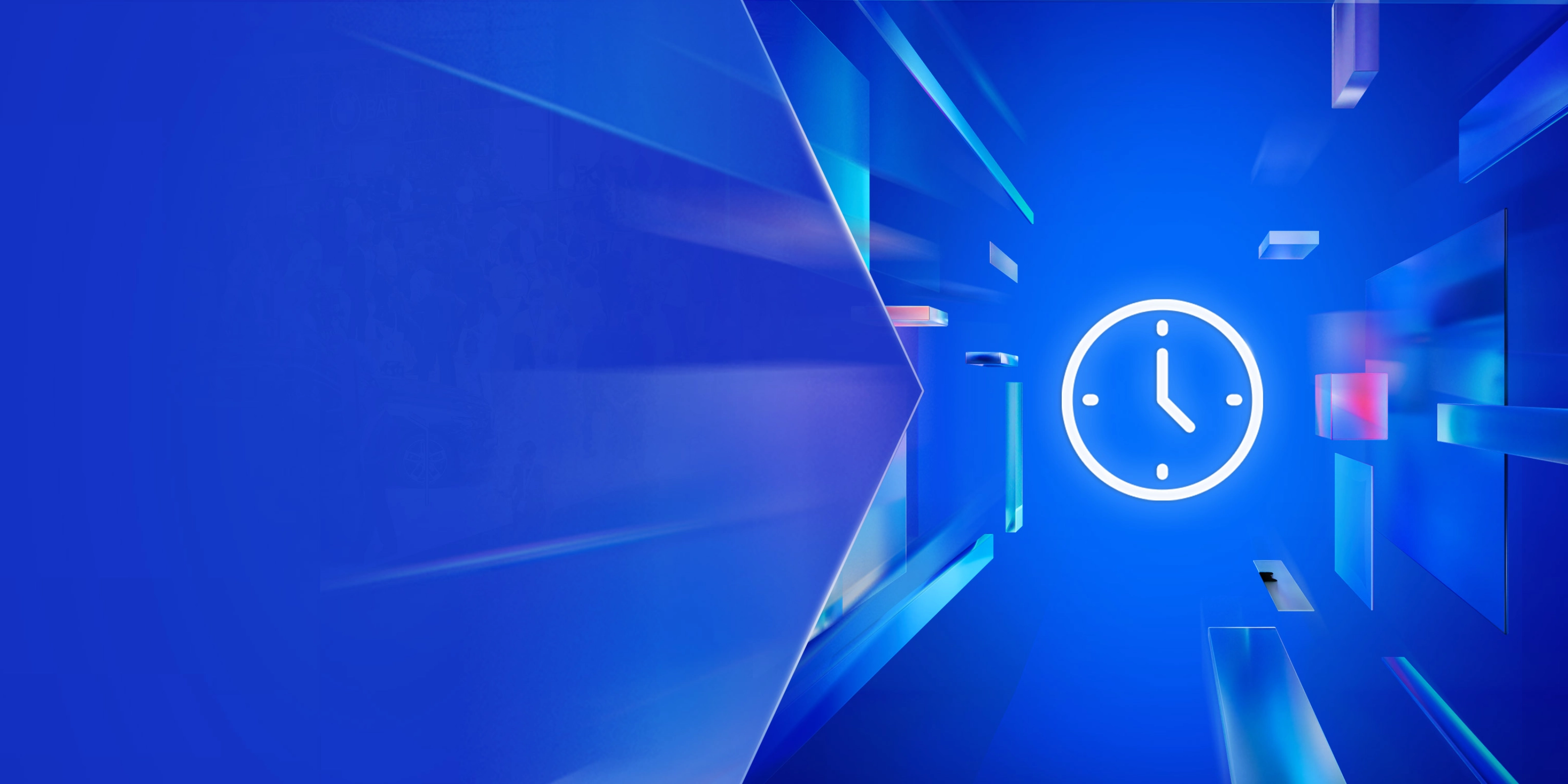 Glowing clock icon on a blue digital background with abstract 3D elements.