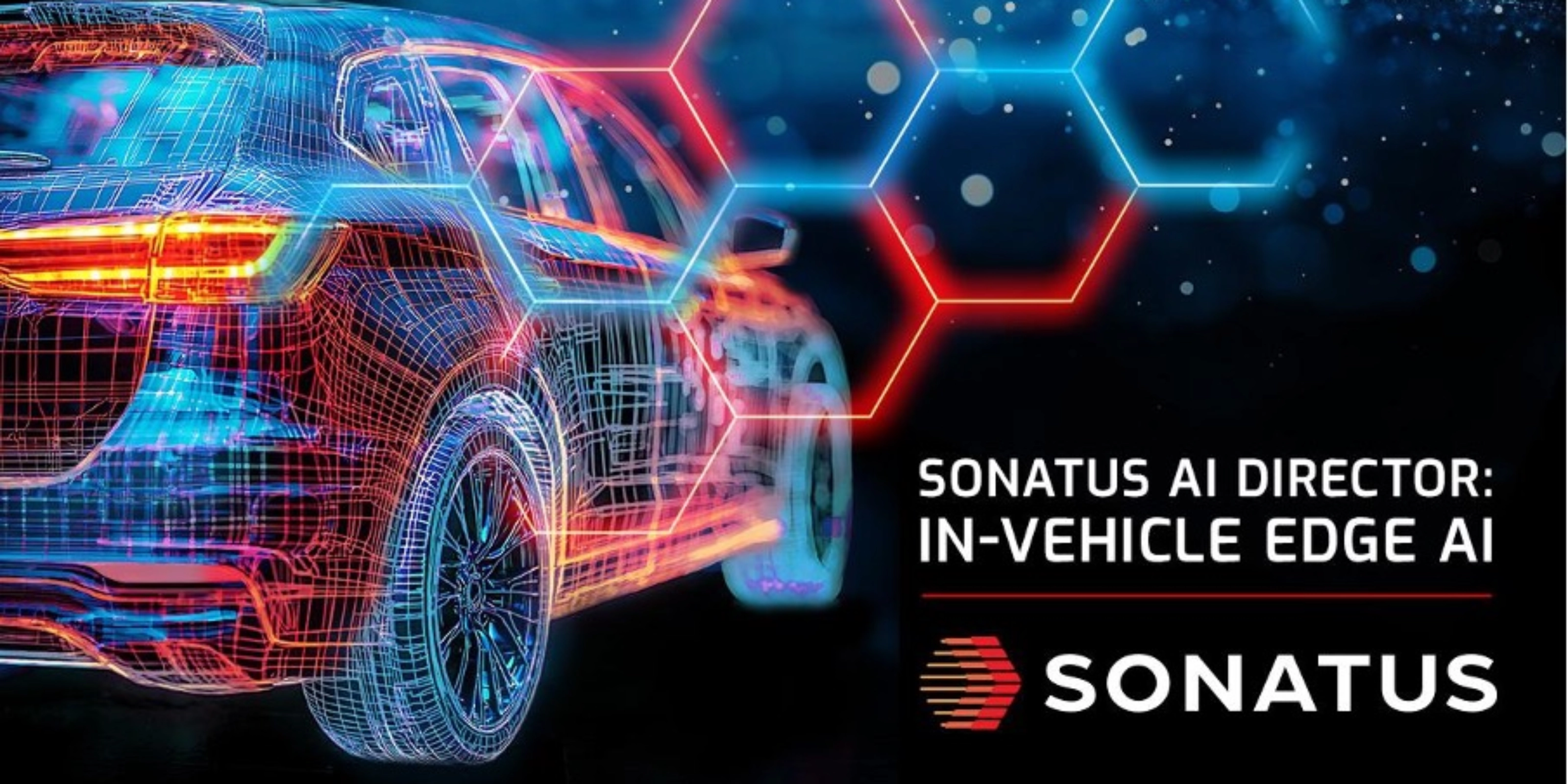 Digital rendering of a car with neon lines, promoting Sonatus AI Director for in-vehicle edge AI.