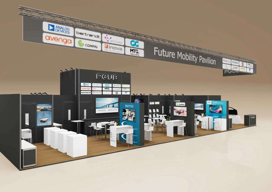 Exhibition booth labeled "Future Mobility Pavilion" with multiple company displays and seating areas.
