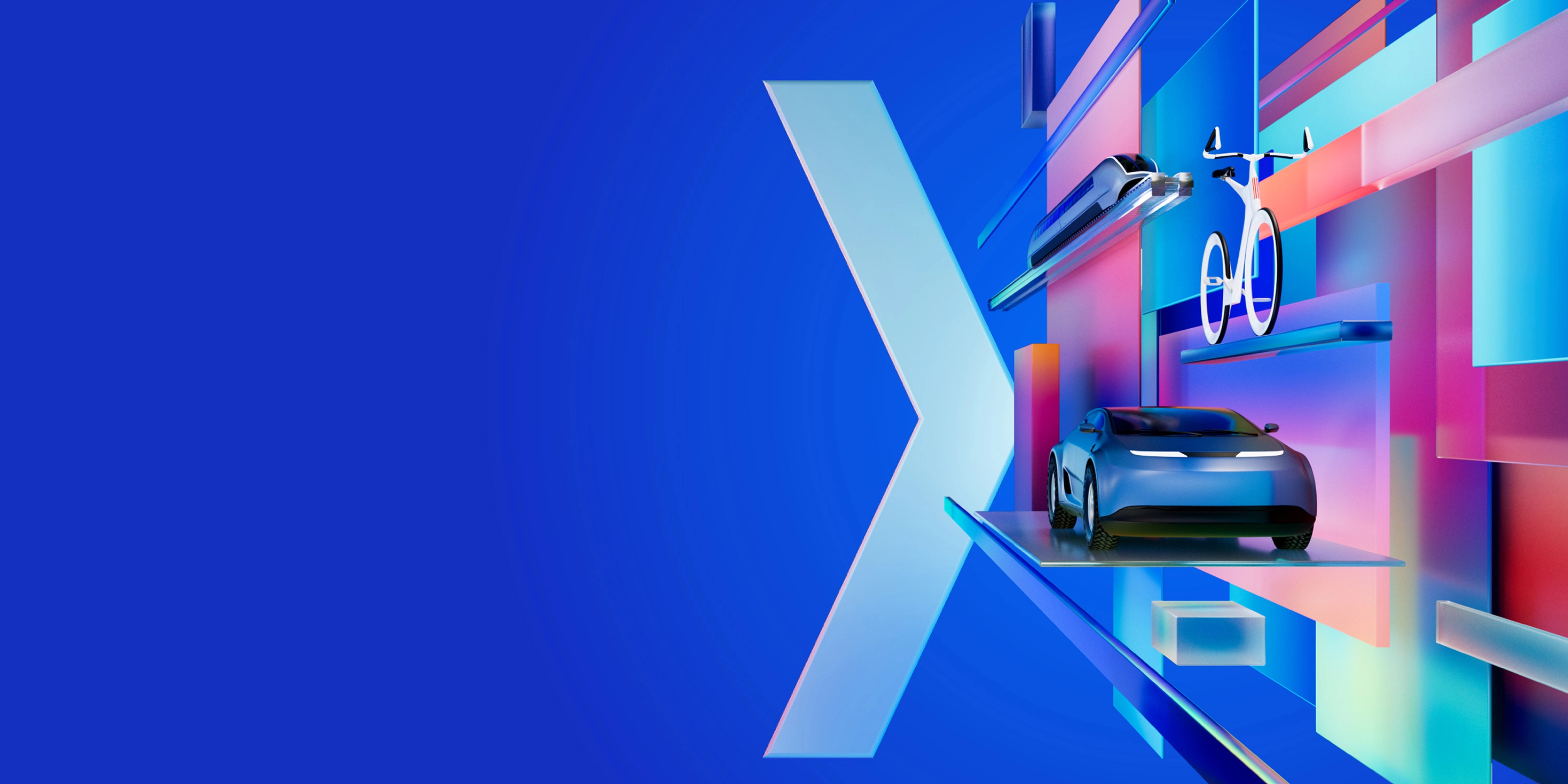 A futuristic digital artwork that represents the IAA MOBILITY 2025 theme. It shows a car, a drone, and a cyclist moving through colorful, geometric shapes against a blue background. The artwork embodies the dynamic mobility of the future, as presented at the Auto Show Munich.