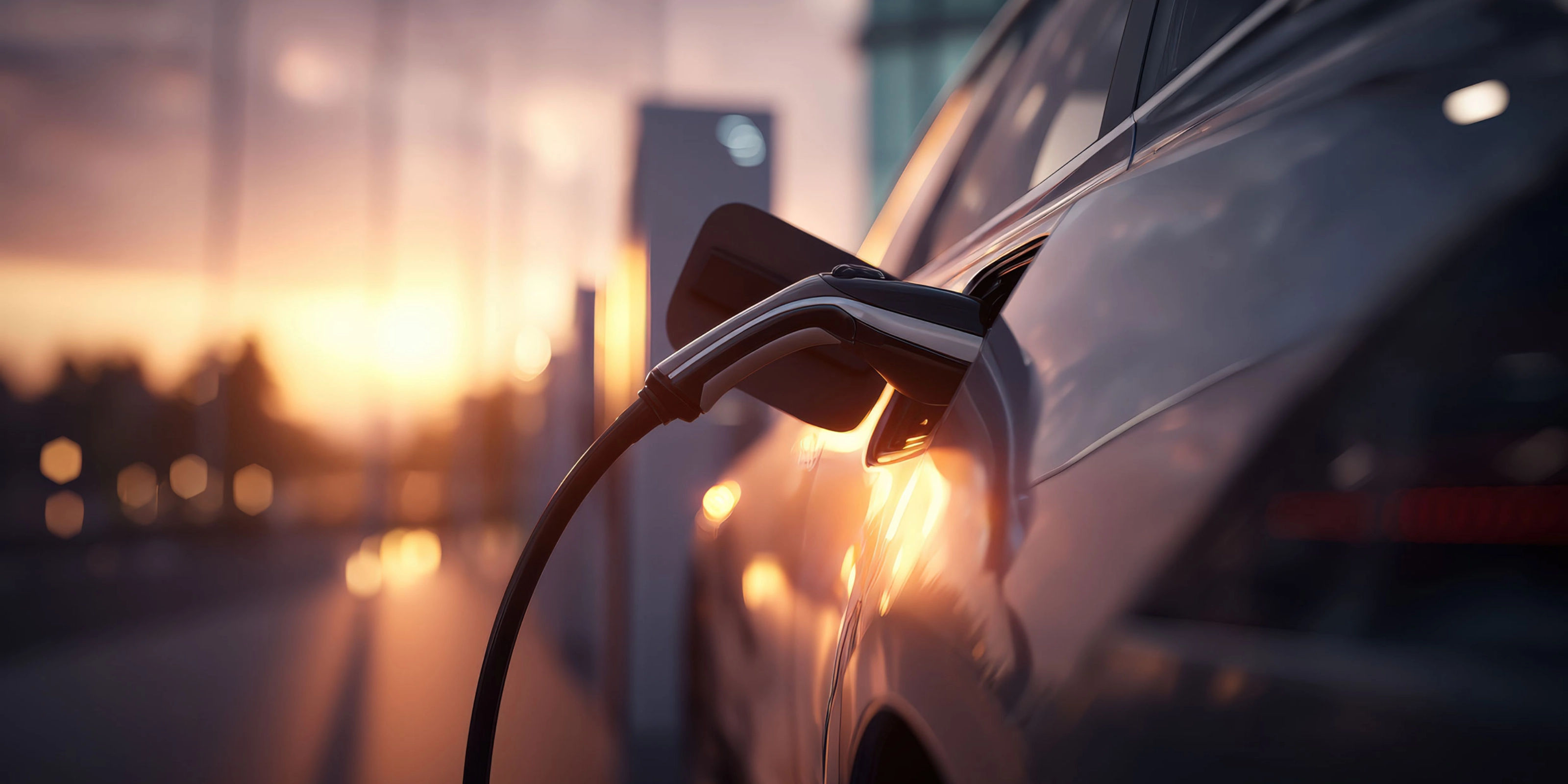 Electric car charging at station during sunset.
