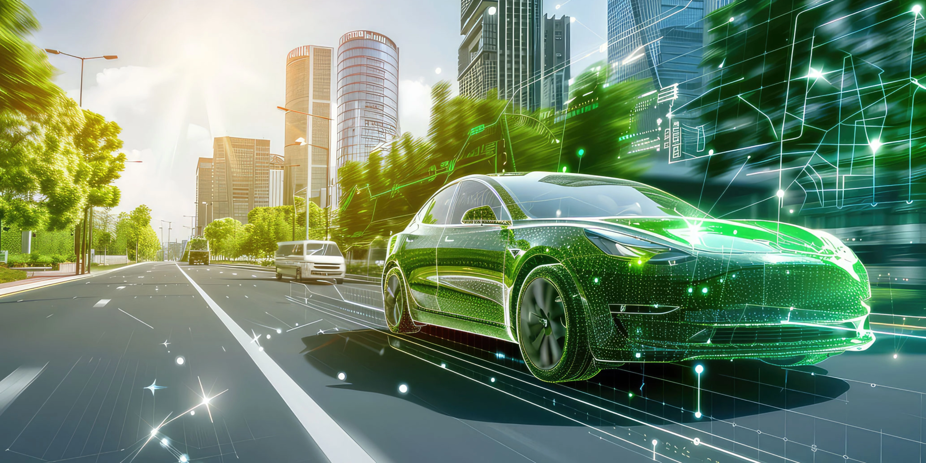 Ein futuristisches selbstfahrendes Auto mit digitalen Elementen fährt durch eine moderne Stadtstraße.