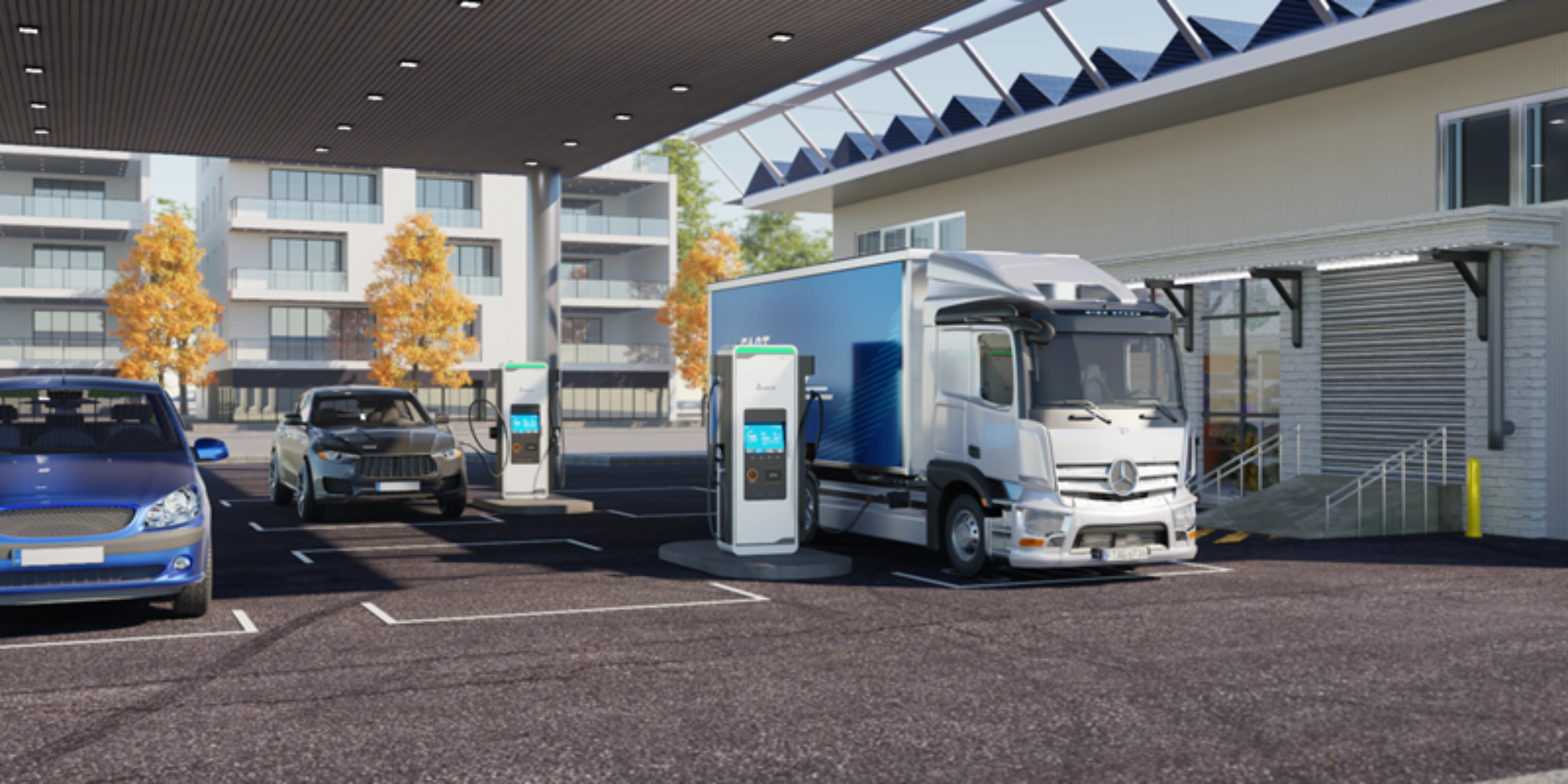 Electric cars and a truck charge at a covered EV charging station near a modern building.