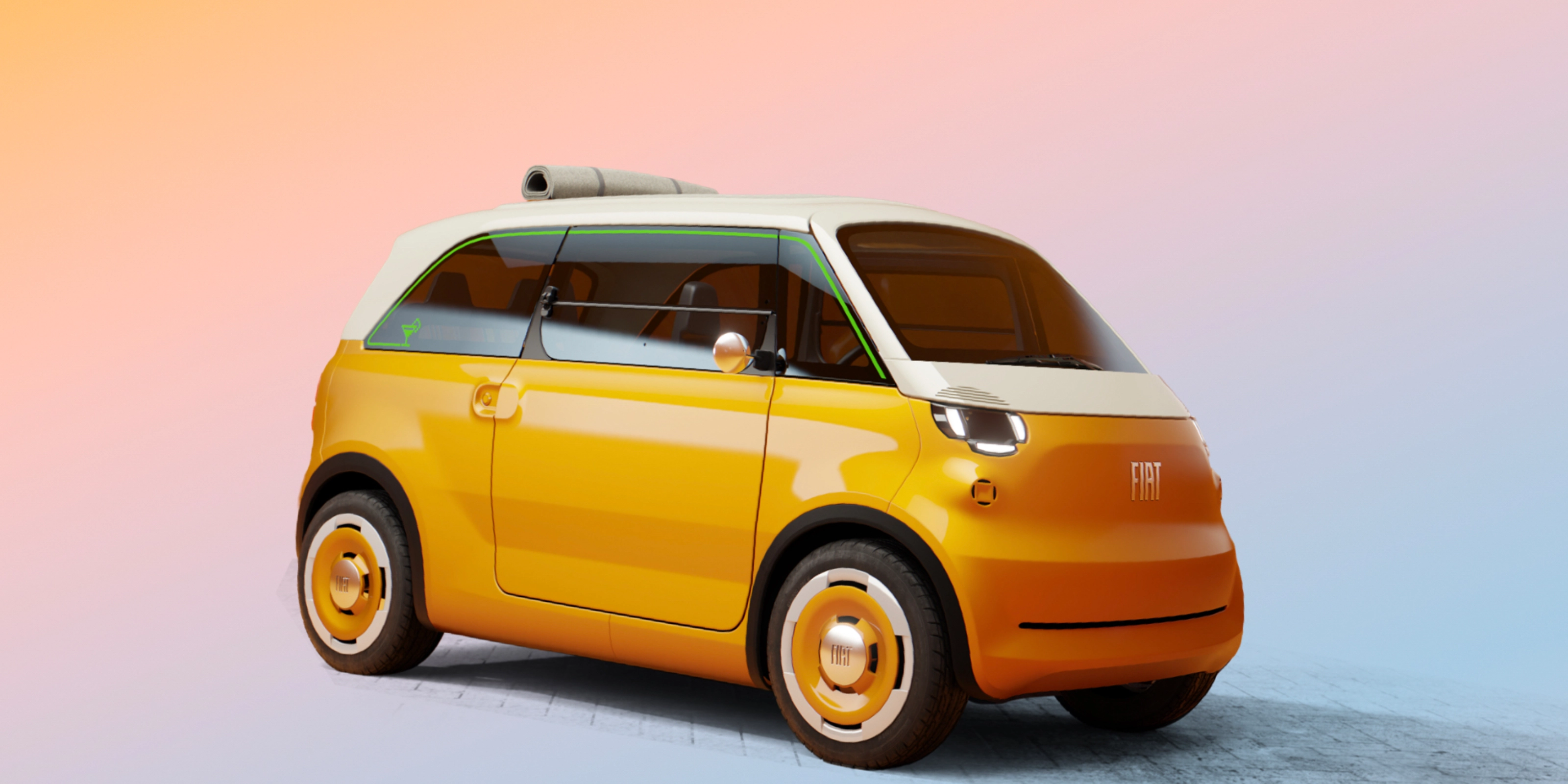 Kompaktes gelbes Konzeptauto in Vorderseitenansicht vor schlichtem Hintergrund.