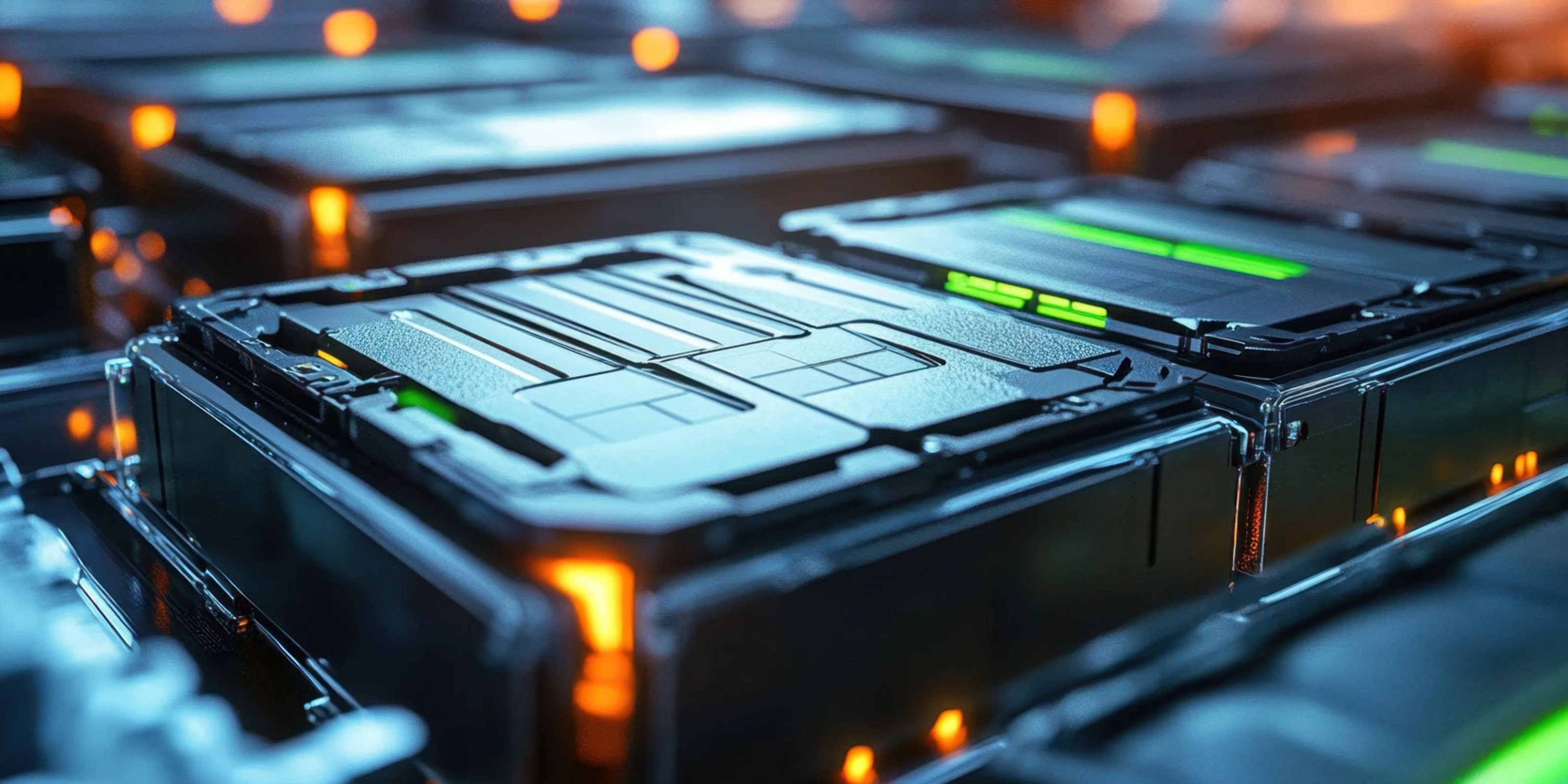 Nahaufnahme moderner Batteriemodule für Elektroautos in einer Produktionsumgebung.