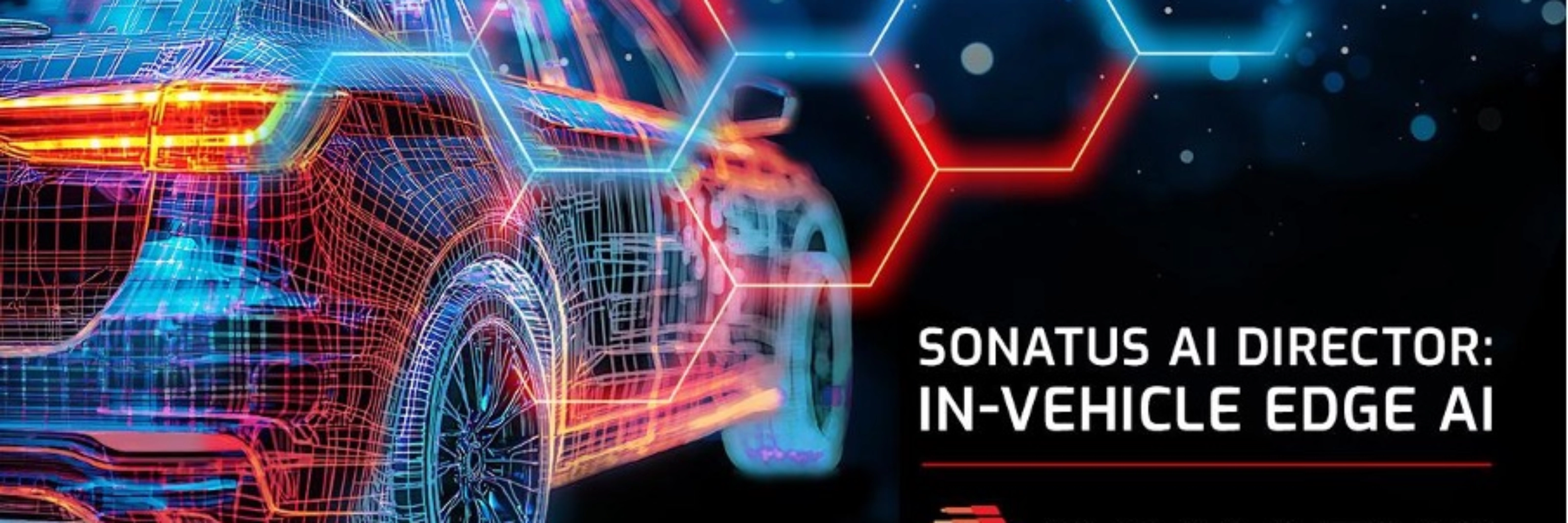 Digital rendering of a car with neon lines, promoting Sonatus AI Director for in-vehicle edge AI.
