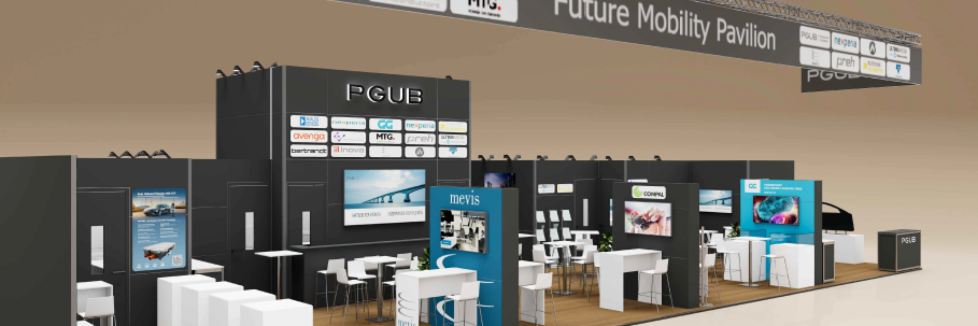 Exhibition booth labeled "Future Mobility Pavilion" with multiple company displays and seating areas.