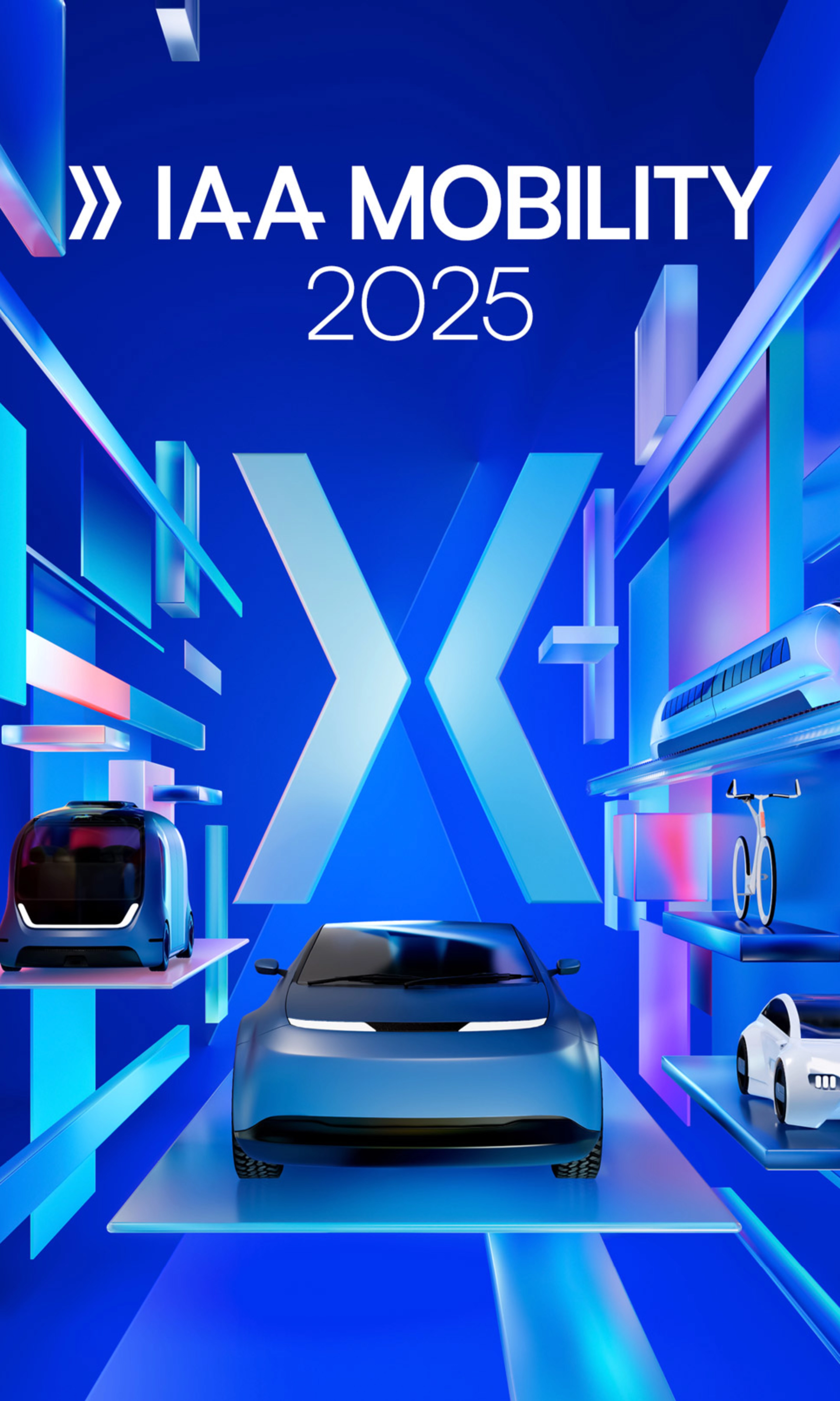 Futuristic key visual for IAA MOBILITY 2025 showing a digital 3D environment with car, bike, train, shuttle and scooter in bright neon colors.