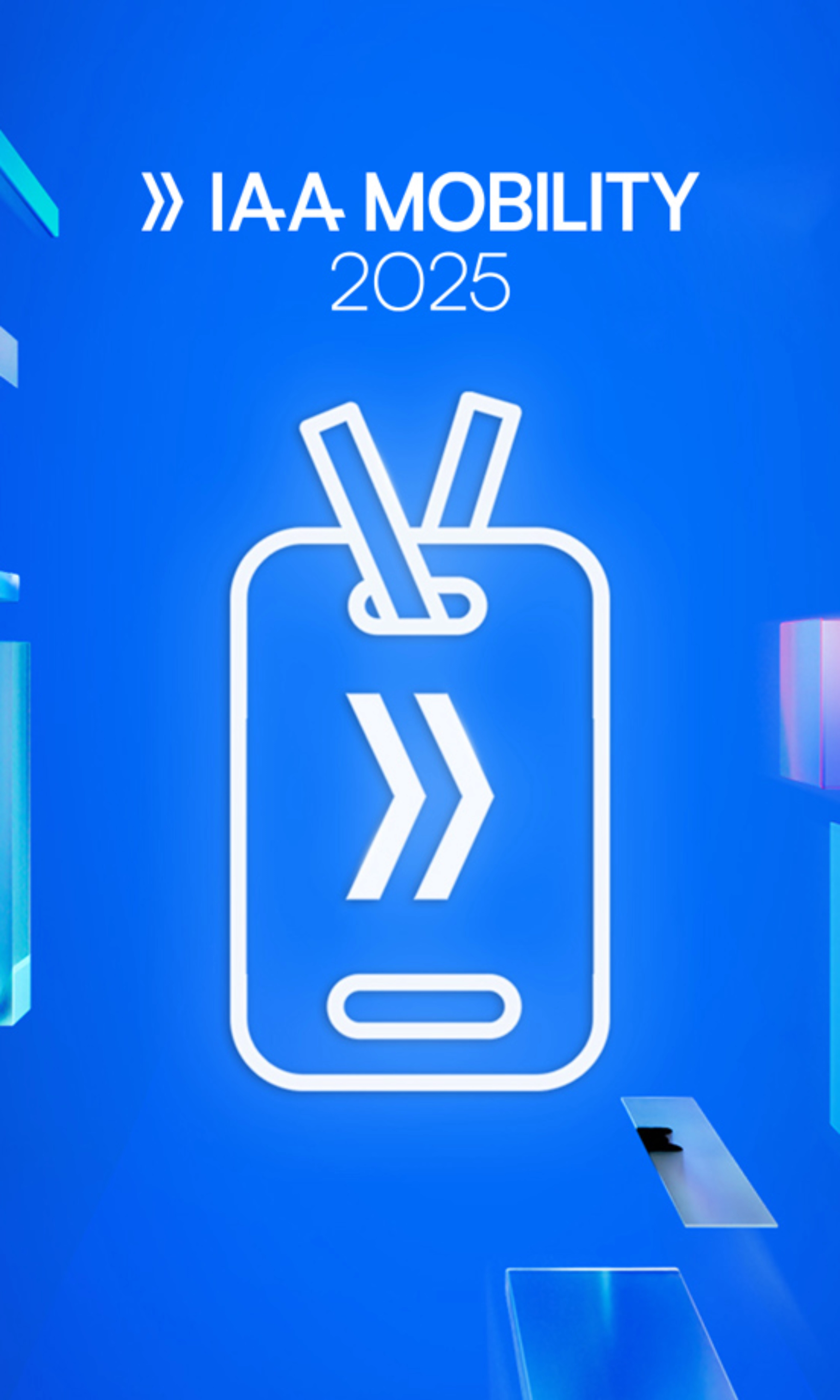 Promotional graphic for IAA Mobility 2025 featuring a stylized ticket icon on a glowing blue background with floating translucent shapes.