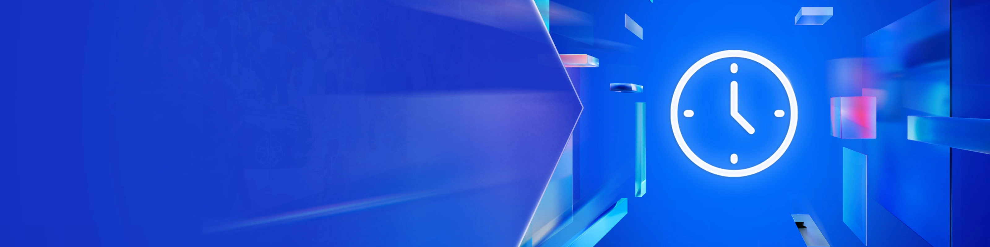 Glowing clock icon on a blue digital background with abstract 3D elements.