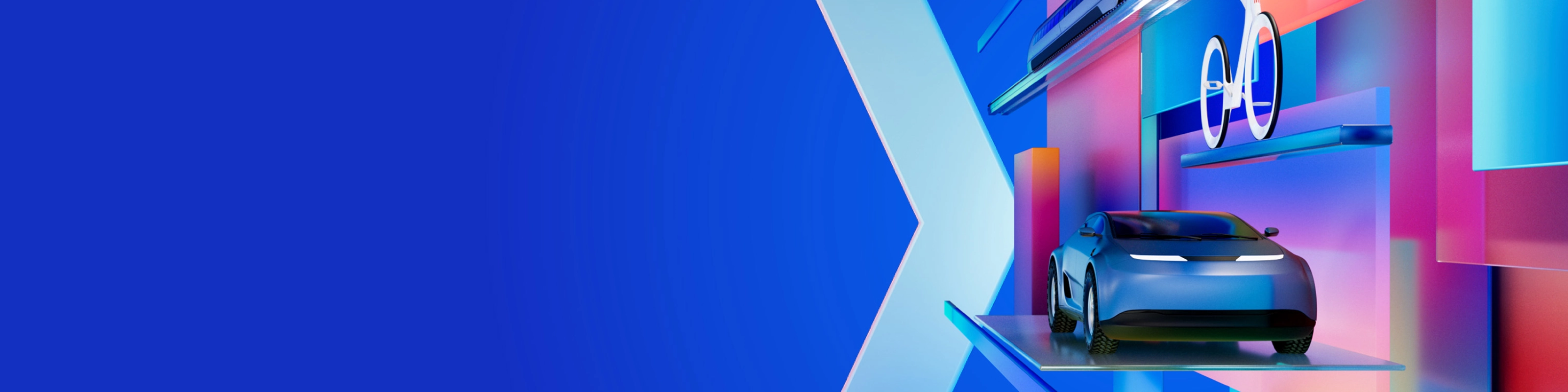 Futuristische digitale Grafik mit Auto, Drohne und Radfahrer zwischen bunten geometrischen Formen auf blauem Hintergrund, symbolisiert das Thema der IAA MOBILITY 2025.