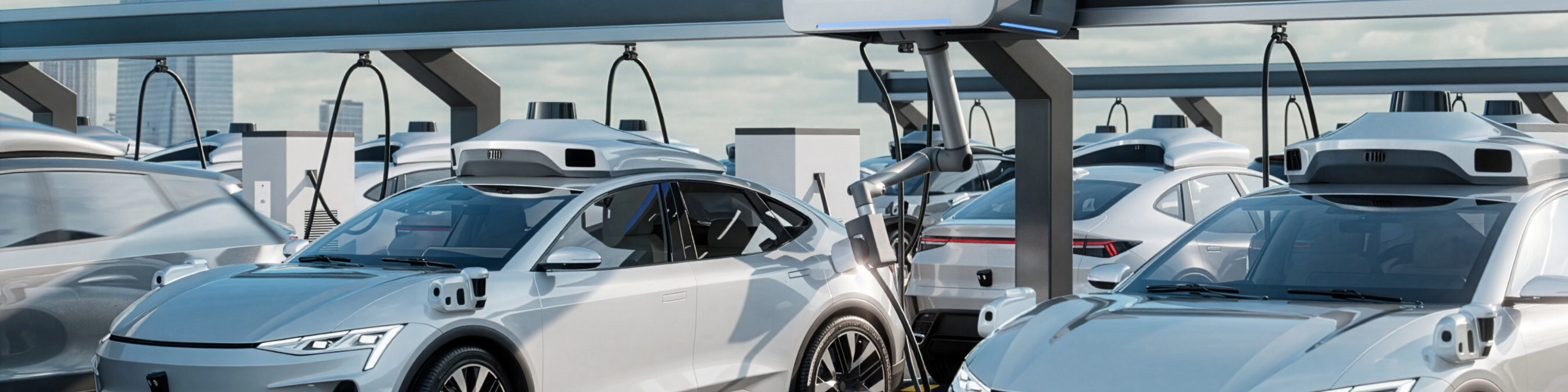Electric cars charging automatically at a Rocsys robotic station.