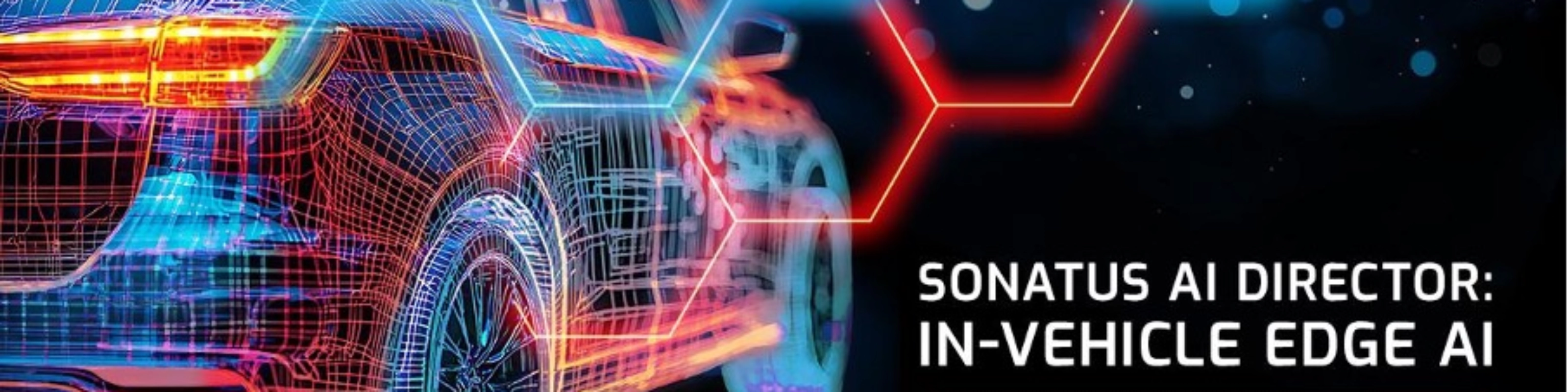 Digital rendering of a car with neon lines, promoting Sonatus AI Director for in-vehicle edge AI.