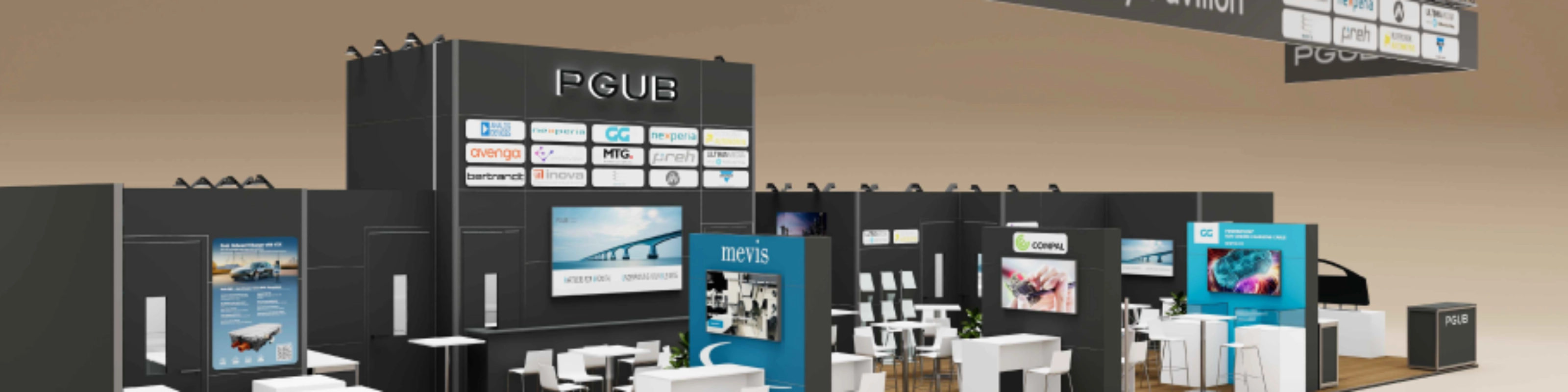 Exhibition booth labeled "Future Mobility Pavilion" with multiple company displays and seating areas.