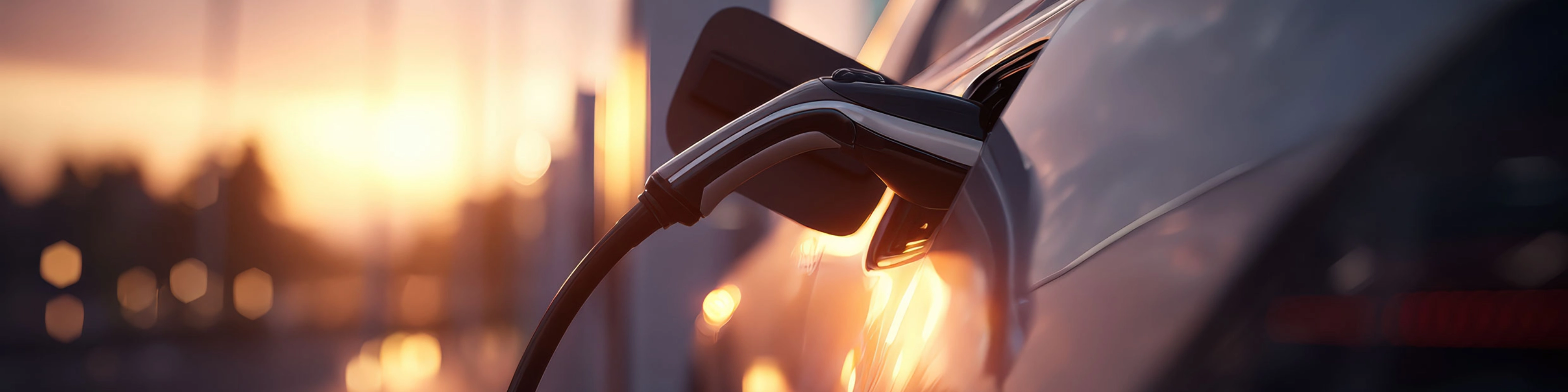Electric car charging at station during sunset.