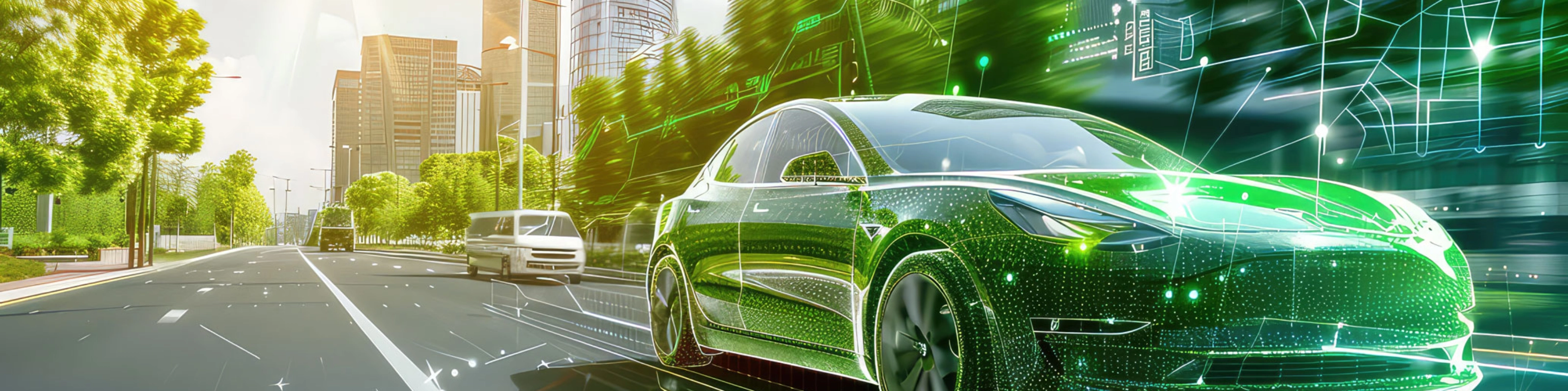 Ein futuristisches selbstfahrendes Auto mit digitalen Elementen fährt durch eine moderne Stadtstraße.