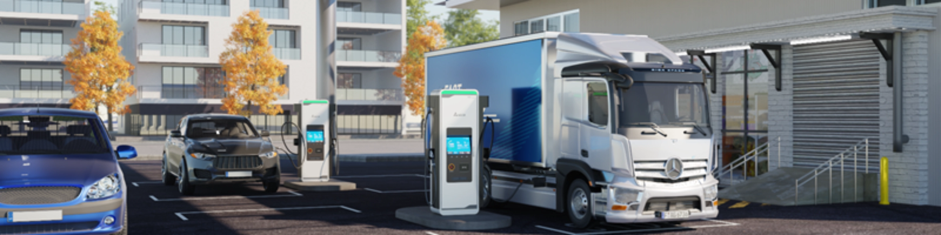 Electric cars and a truck charge at a covered EV charging station near a modern building.