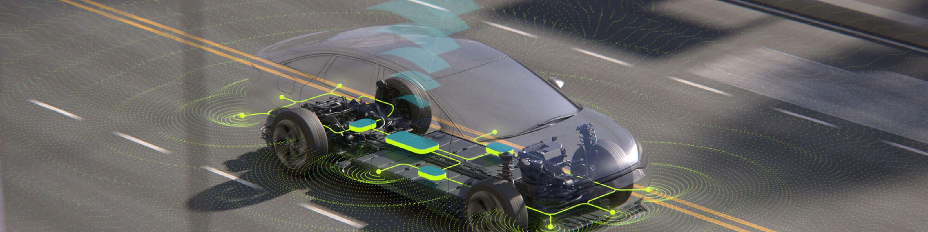 Ein selbstfahrendes Auto mit sichtbaren internen Systemen und Sensorsignalen auf einer Stadtstraße.