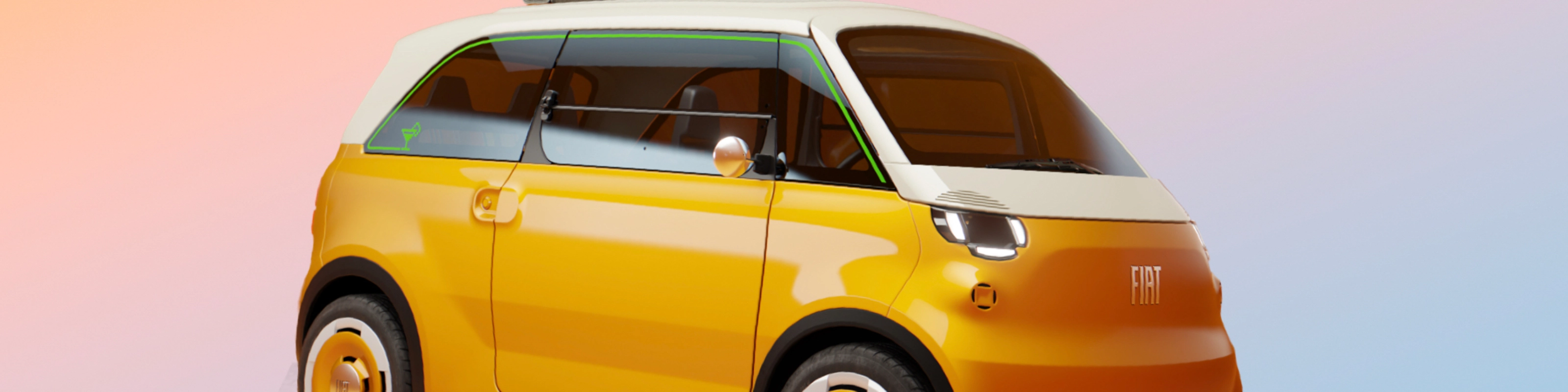 Kompaktes gelbes Konzeptauto in Vorderseitenansicht vor schlichtem Hintergrund.