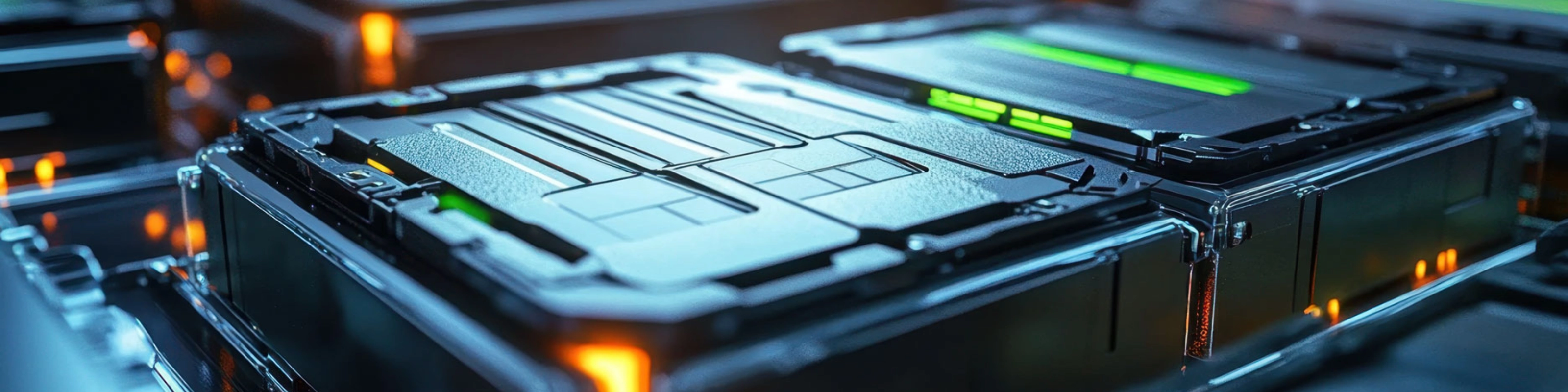 Nahaufnahme moderner Batteriemodule für Elektroautos in einer Produktionsumgebung.