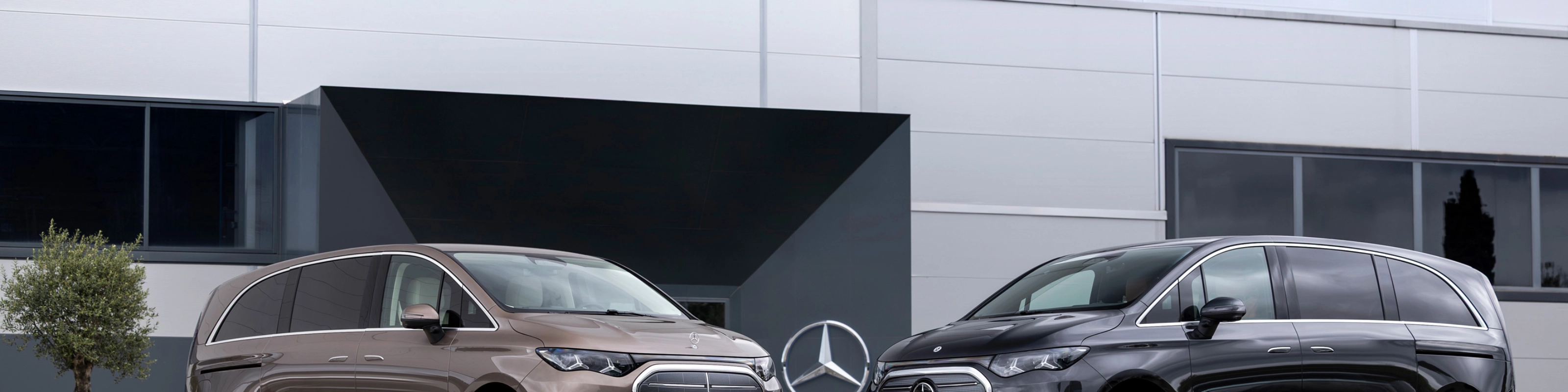 Two Mercedes-Benz vans parked in front of a modern office building.