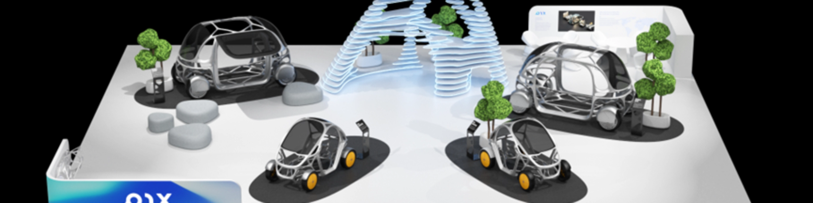 Messestand mit futuristischen Minifahrzeugen, Lichtkuppel und digitalen Anzeigen.